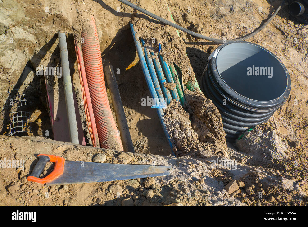 Many underground cables and pipes for connections and facilities Stock
