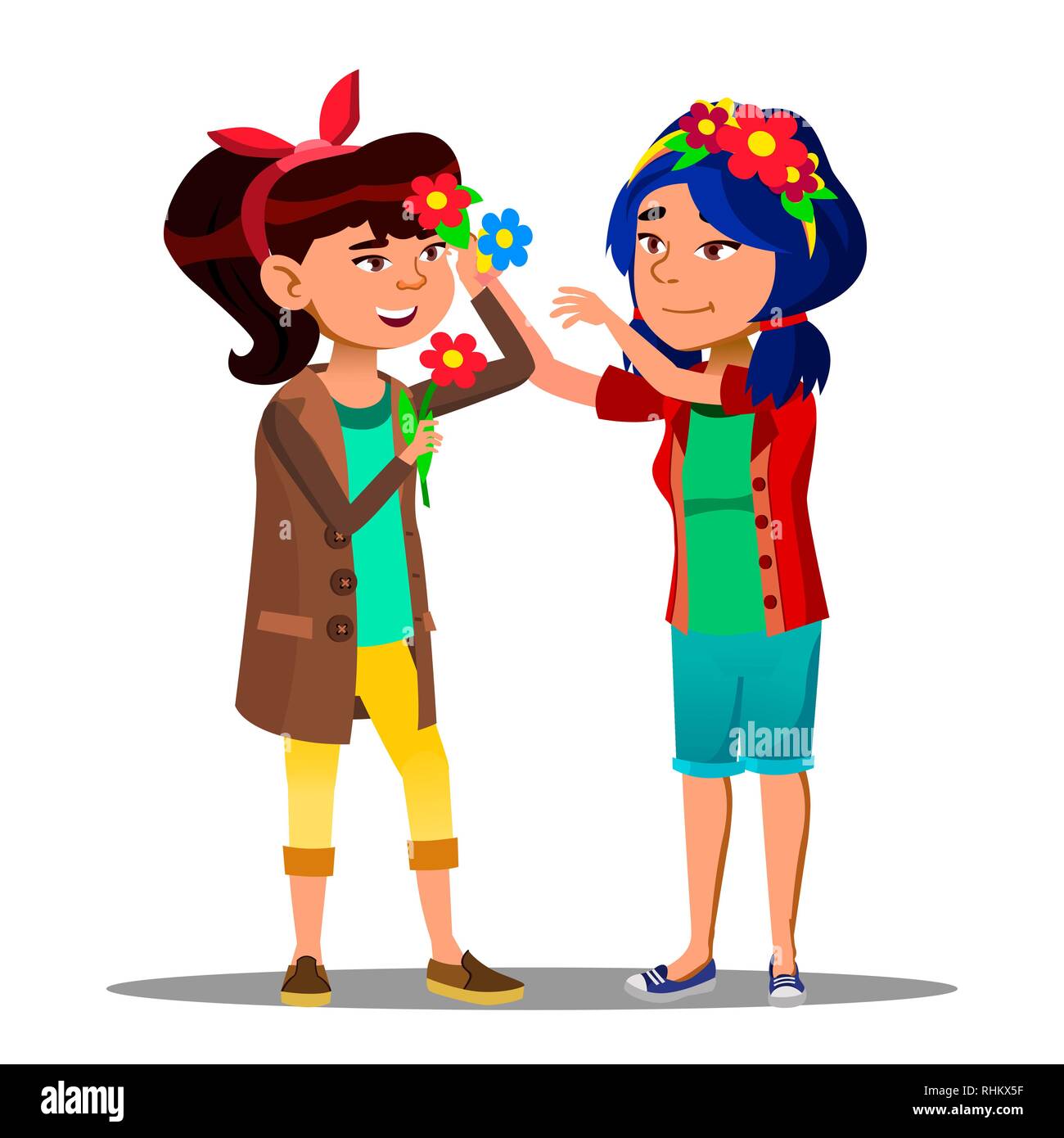 Two Asian Girls Decorate Themselves With Flowers For Festival Of Spring And Flowers Vector. Isolated Illustration Stock Vector