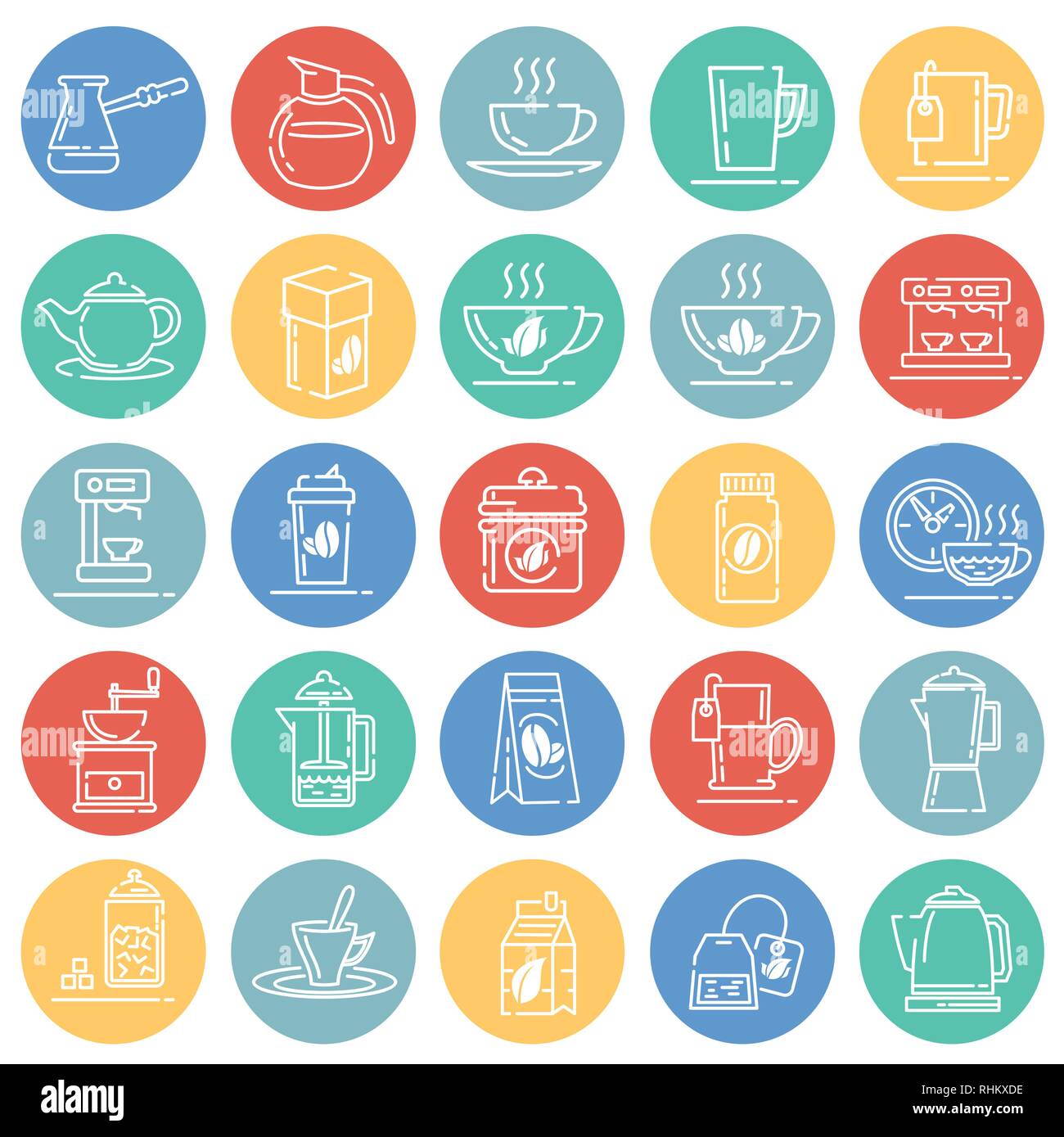 Tea and coffee outline icons set on color circles white background for