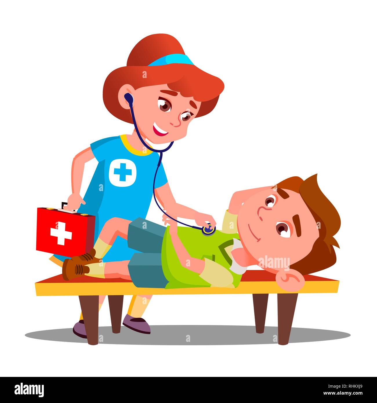 Child Play Doctor Lying Unconscious On Bench And Second Child Girl