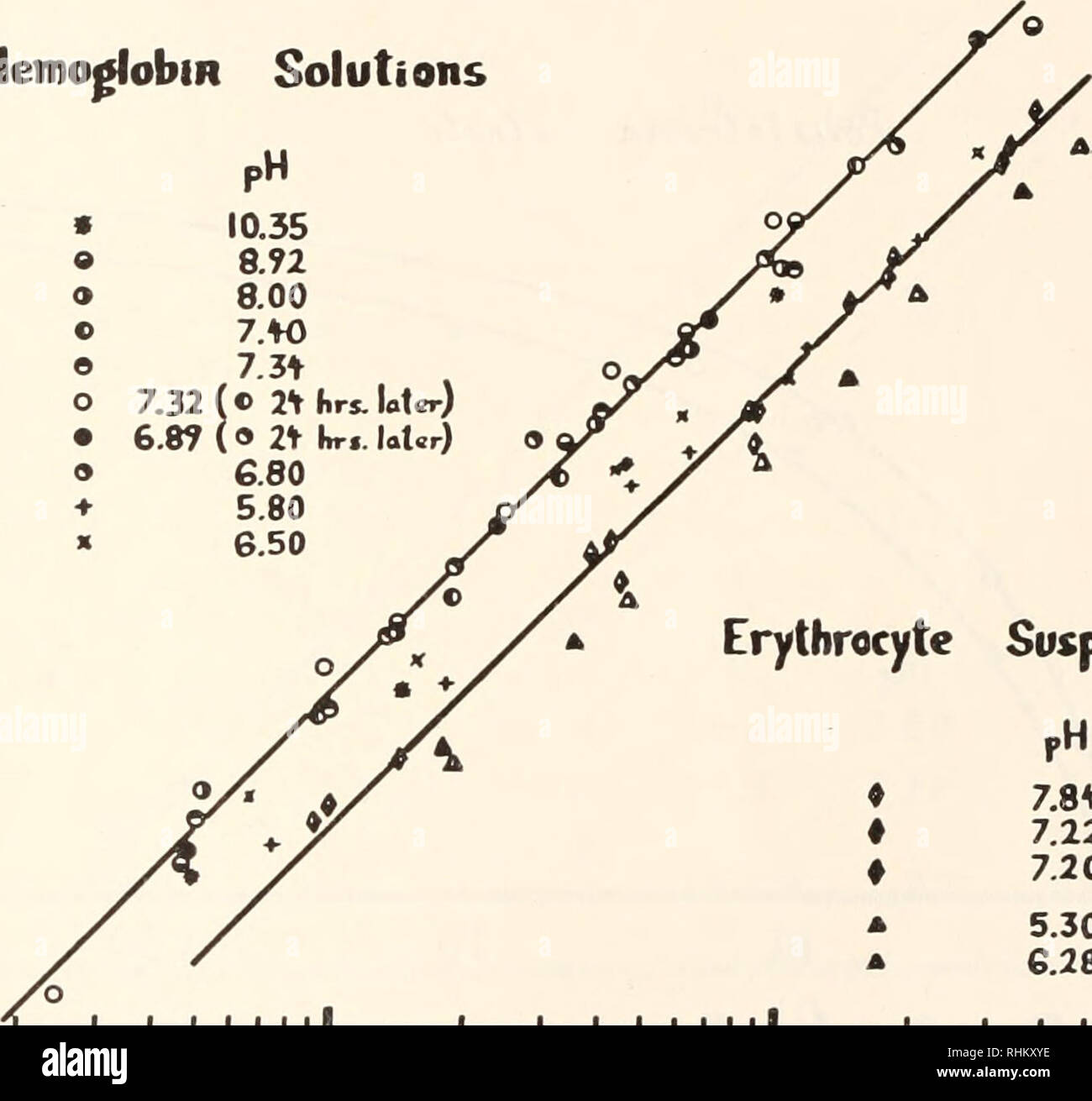 . The Biological bulletin. Biology; Zoology; Biology; Marine Biology. HEMOGLOBIN EVOLUTION 229 RESULTS Instead of presenting all data in the form of the usual &quot;oxygen dissociation curve,&quot; the linear transformation based on the Hill approximation, y = 100 + is used in Figures 1 and 3 (Lemberg and Legge, 1949). The variables y and p are the per cent oxyhemoglobin and the partial pressure of oxygen, respectively. 100-y 0.1. Hemoglobin Solutions • o o « e o 7.32 • 6.89 ( » 2thr«. later) « 6.80 * 5.80 » 6.50 Erythrocyte Suspensions pH 7.8* 7.22 7.20 5.30 6.28 0.1 10 100 FIGURE 1. Oxygen e Stock Photo