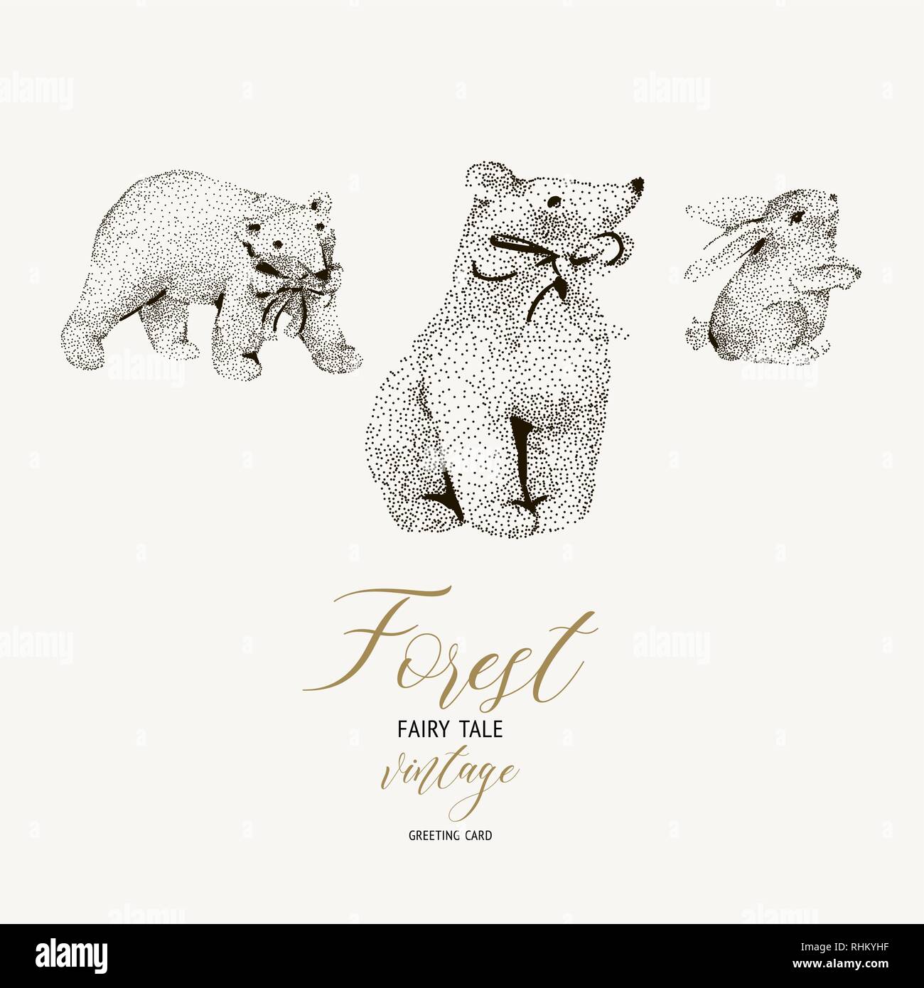 Vector black and white winter vintage card with cute polar bears Stock ...