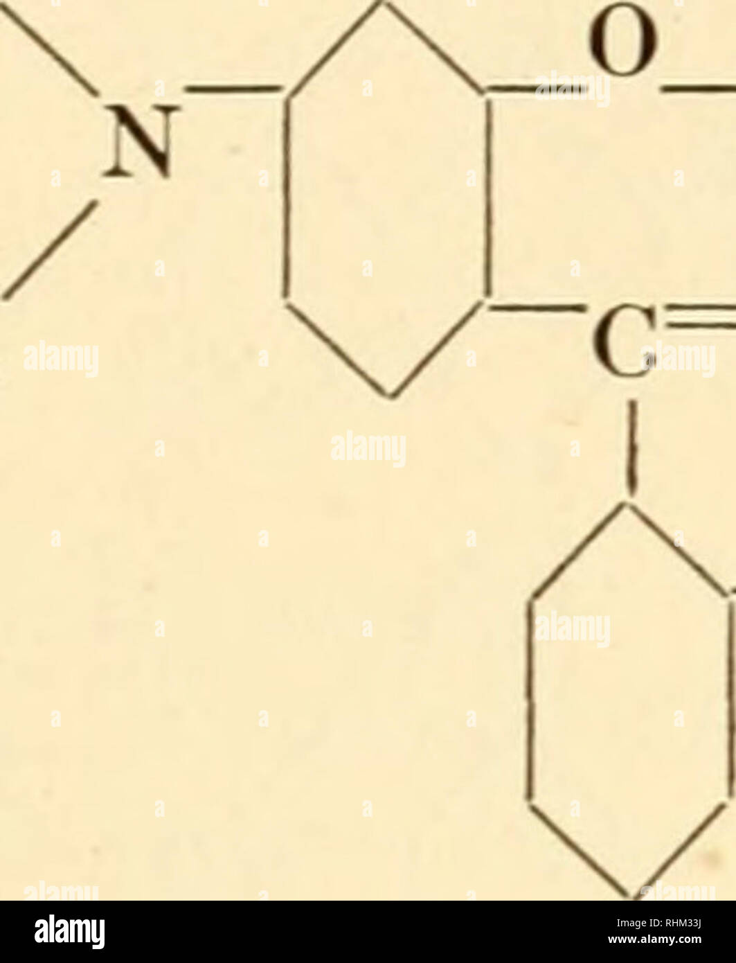 . Biological stains, a handbook on the nature and uses of the dyes employed in the biological laboratory. Stains and staining (Microscopy). 2. THE RHODAMINES The rhodamines are similar to the pyronins except that there is a third benzene ring attached to the central carbon atom and attached to this ring is a carboxyl group in the ortho position. This latter group, altho of acid tendency, does not counteract the basic action of the amino groups, so the dyes are basic in character. Only one of them is of any significance to the biologist, namely: CH.CH 3 ^^^2 RHODAMINE B C. I. NO. 749 Synonyms:  Stock Photo