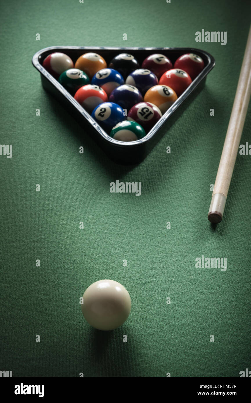 billiard table with green material and billiard balls Stock Photo Alamy