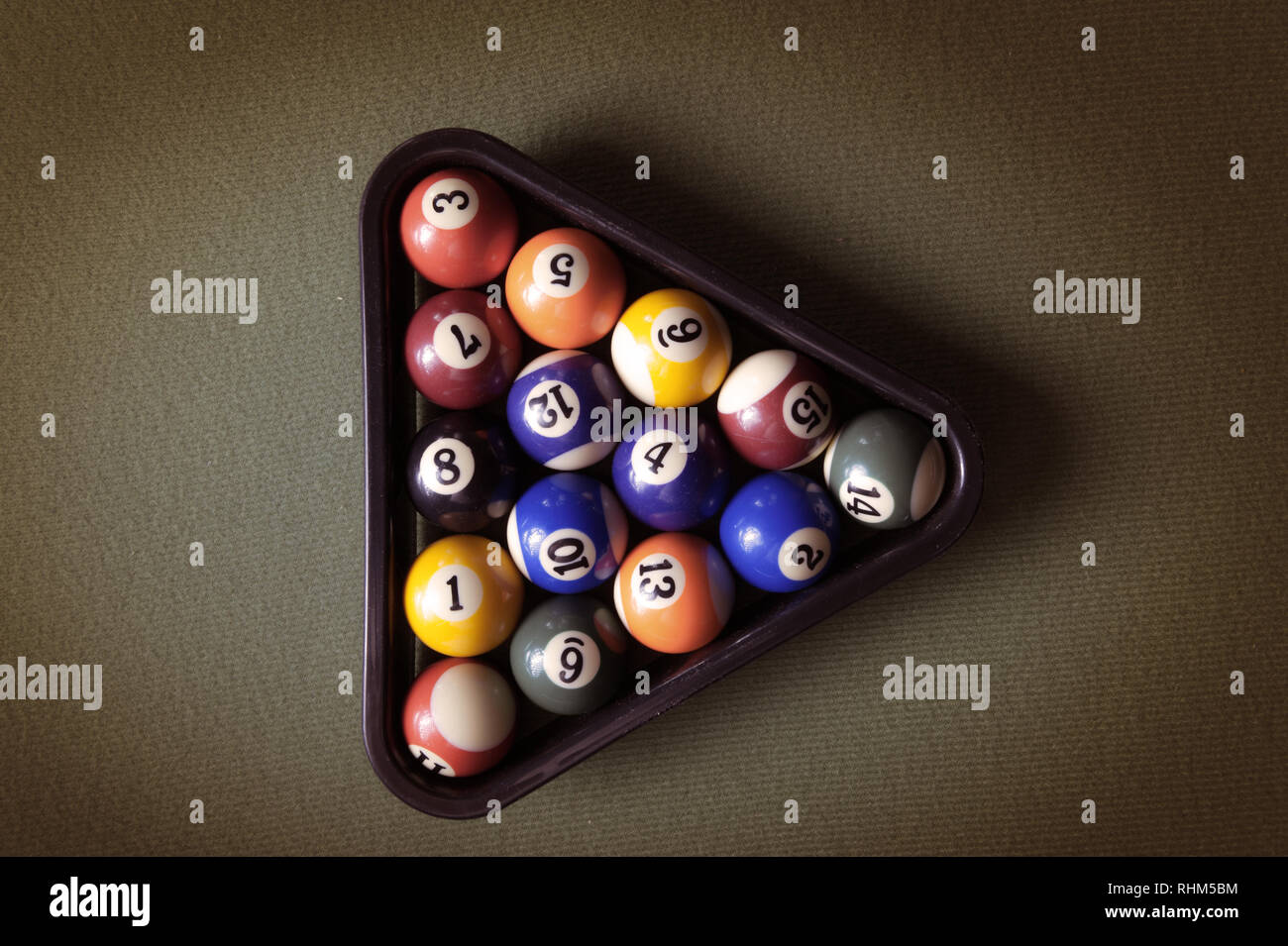 billiard table with green material and billiard balls Stock Photo Alamy