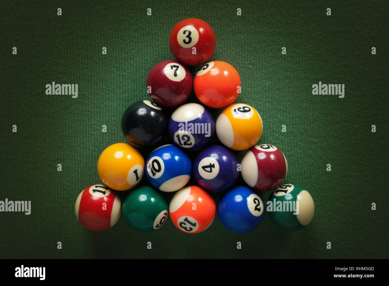 billiard table with green material and billiard balls Stock Photo Alamy