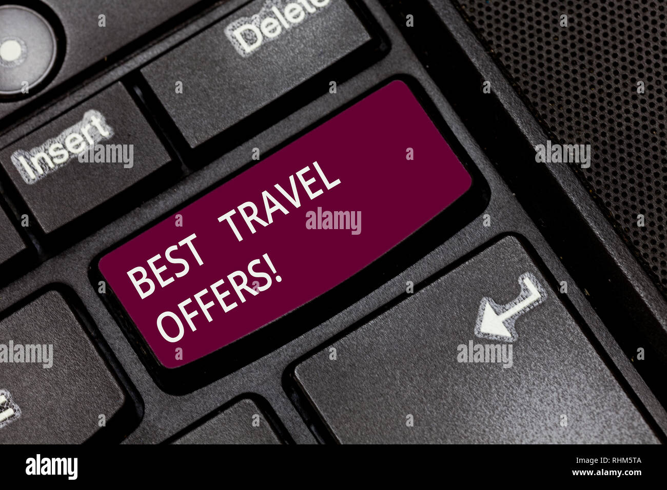 Writing note showing Best Travel Offers. Business photo showcasing visit other countries with great discount promotion Keyboard key Intention to creat Stock Photo
