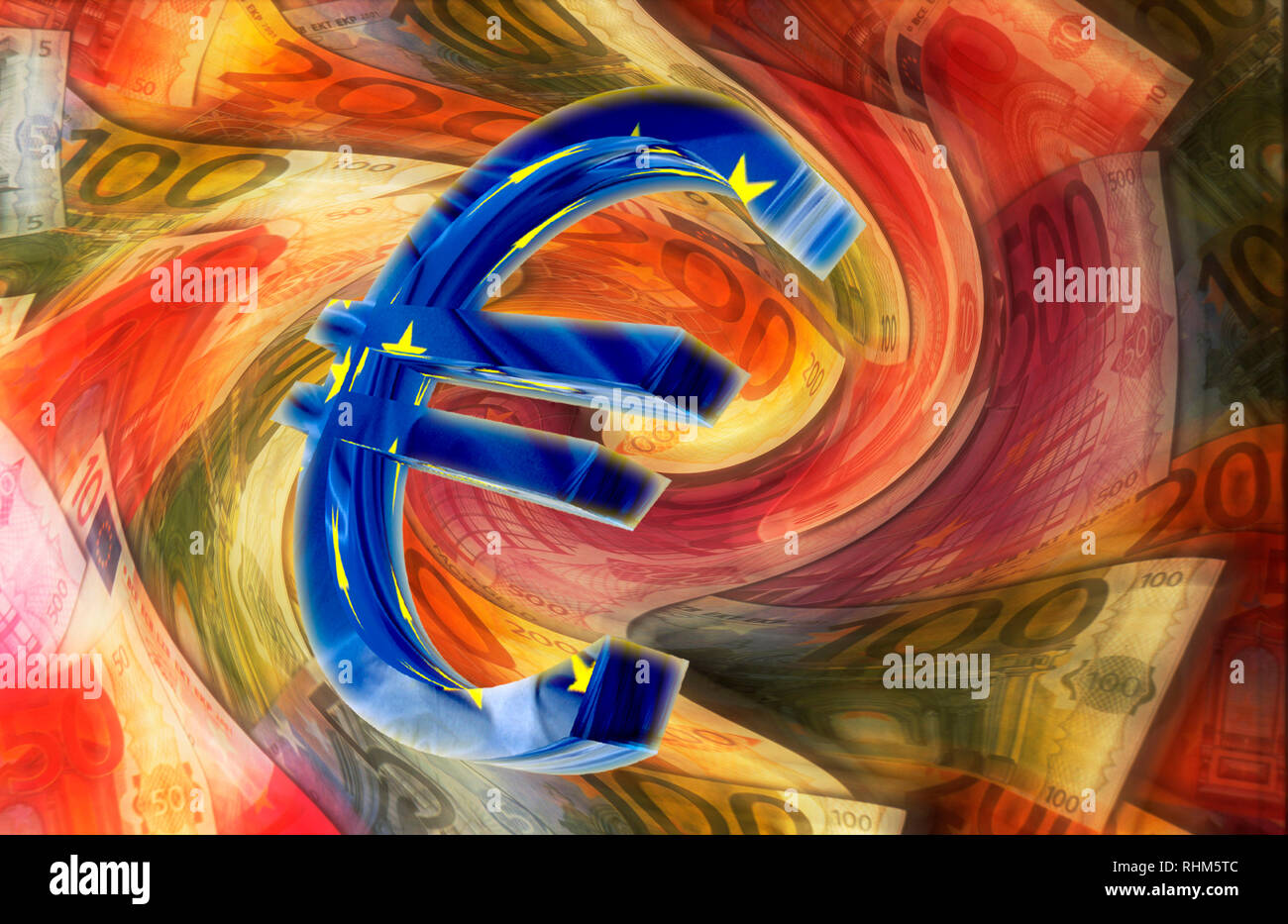 Euro sign in front of blurred euro banknotes, illustration Stock Photo