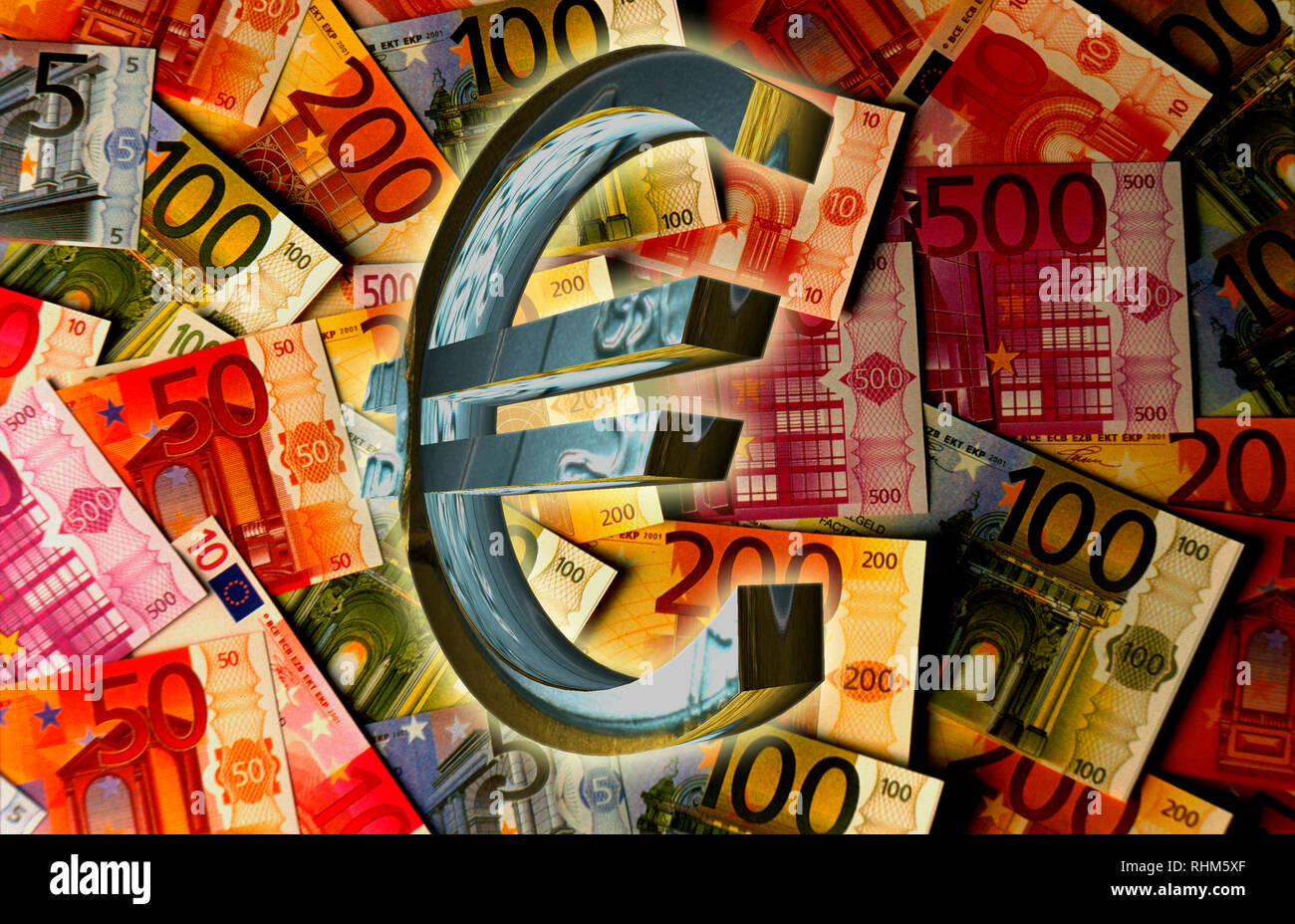 Euro sign in front of euro banknotes, illustration Stock Photo