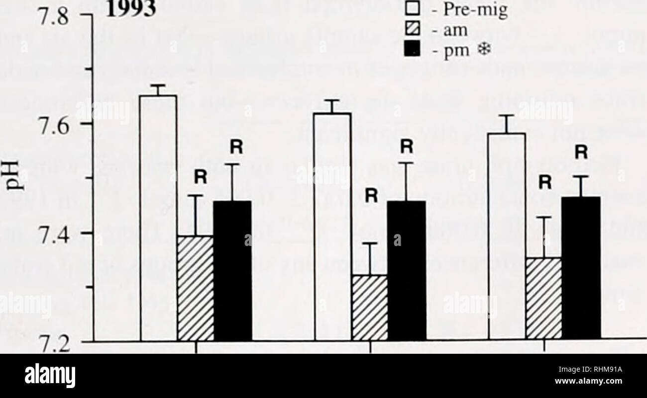 . The Biological bulletin. Biology; Zoology; Biology; Marine Biology. MIGRATION PHYSIOLOGY OF RED CRABS 327 7.8 -i 1993. 1995. Please note that these images are extracted from scanned page images that may have been digitally enhanced for readability - coloration and appearance of these illustrations may not perfectly resemble the original work.. Marine Biological Laboratory (Woods Hole, Mass. ); Marine Biological Laboratory (Woods Hole, Mass. ). Annual report 1907/08-1952; Lillie, Frank Rattray, 1870-1947; Moore, Carl Richard, 1892-; Redfield, Alfred Clarence, 1890-1983. Woods Hole, Mass. : Ma Stock Photo