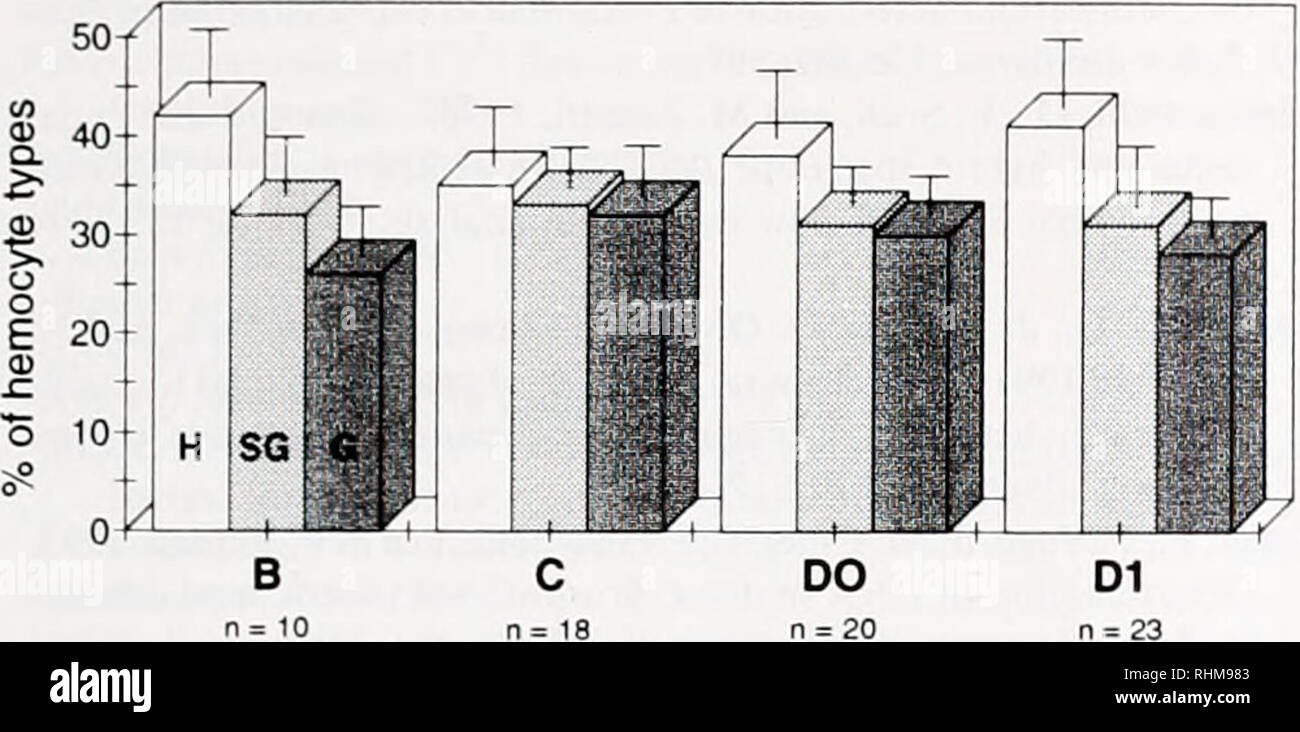 . The Biological bulletin. Biology; Zoology; Biology; Marine Biology. B MALES. Figure 3. Frequencies of hyaline (H), semigranular(SG). and granular (G) hemocyte cell populations found in Pemieus japonicu hemolymph at the indicated stages of the molting cycle in females (A) and males (B). Analyses have been performed with 10,000 cells from each animal; n indicates the number of animals used for each value, which is presented as the mean and 1 standard deviation. Cells of one of these populations were classified as G cells because their peroxidase activity was like that previously observed in s Stock Photo