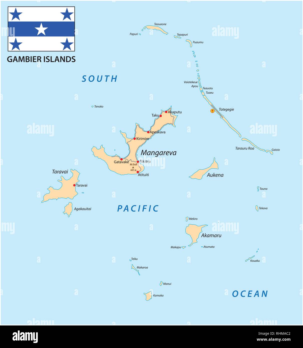 Gambier Islands vector map with flag, French Polynesia Stock Vector