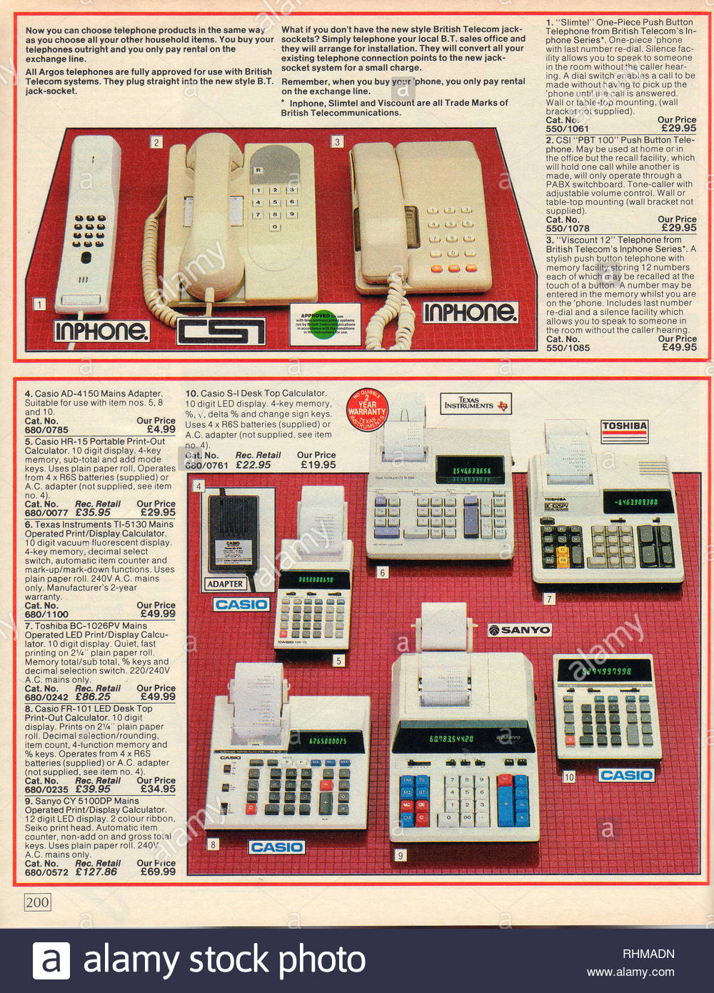 Vintage Push Button Telephone and Calculator, Argos Catalogue items from 1985 Stock Photo