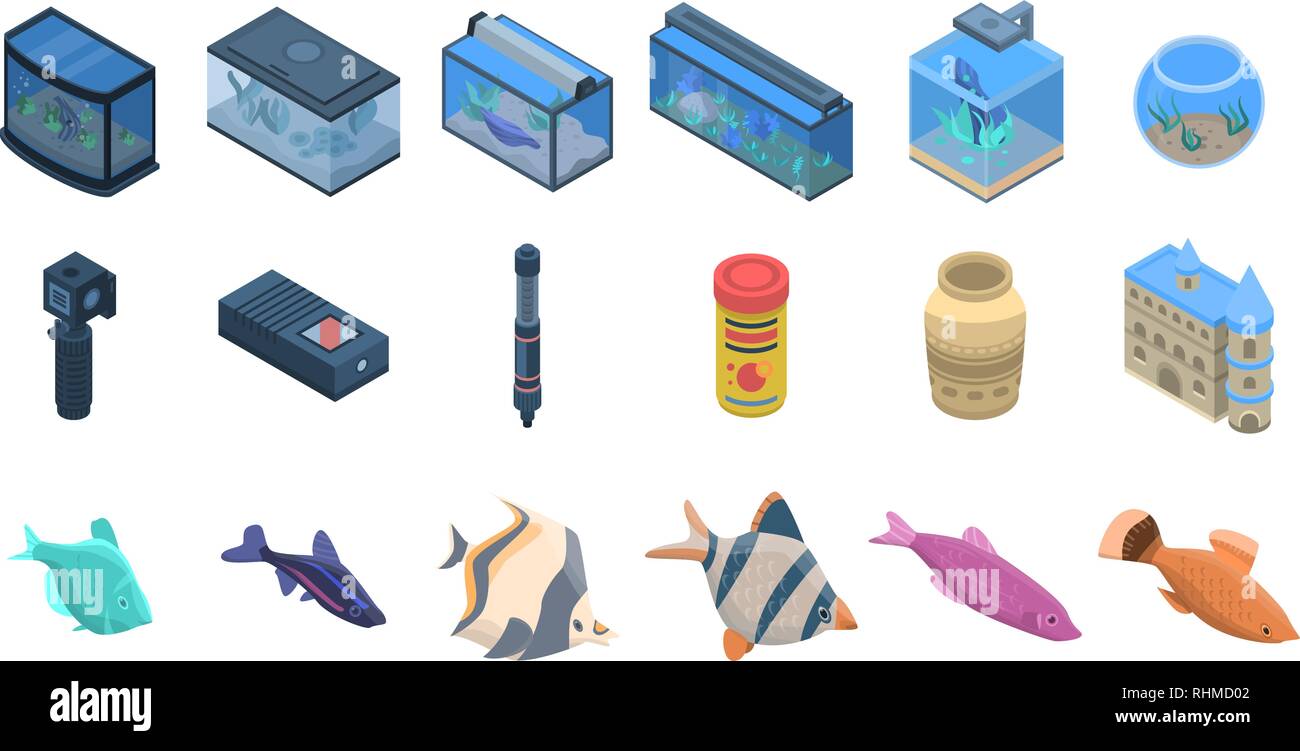 Aquarium icons set, isometric style Stock Vector