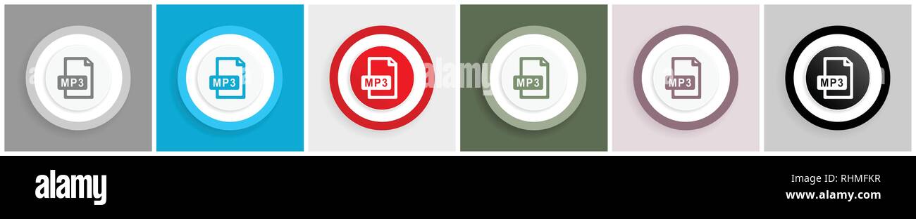 Mp3 file icon set, vector illustrations in 6 options for web design and mobile applications. Stock Vector