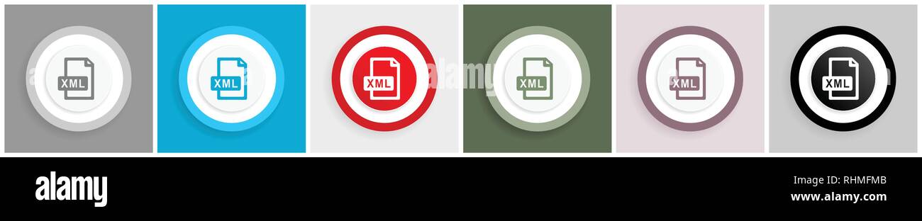 Xml file icon set, vector illustrations in 6 options for web design and mobile applications. Stock Vector