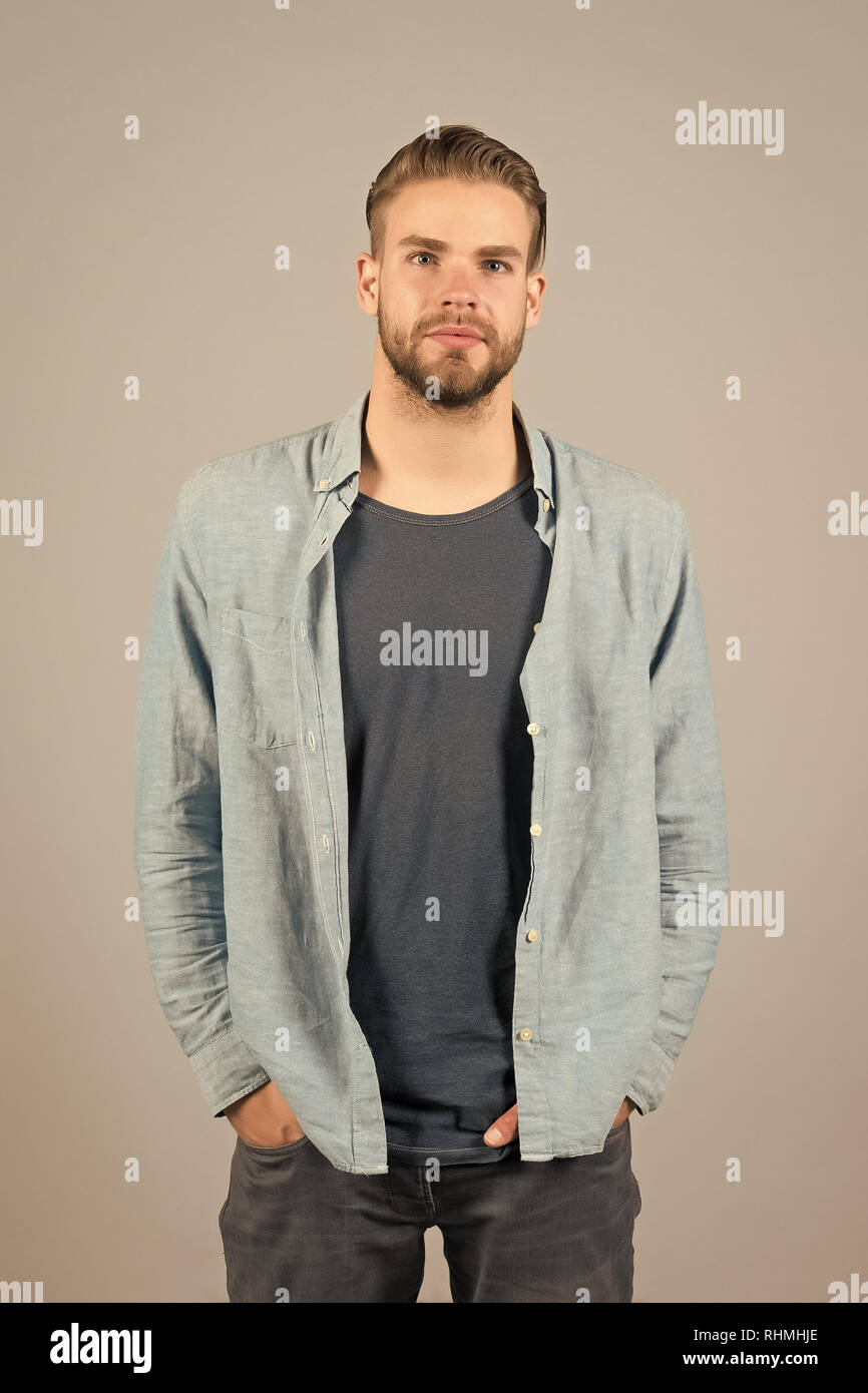 Man Bearded Strict Face Wears Casual Clothes Grey Background Man