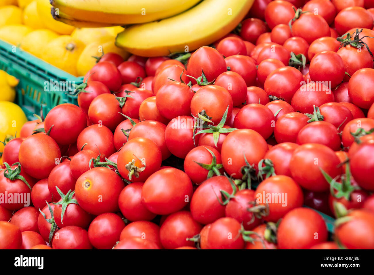 fruit and vegetables tomatoes, bananas, lemons, melons Stock Photo Alamy