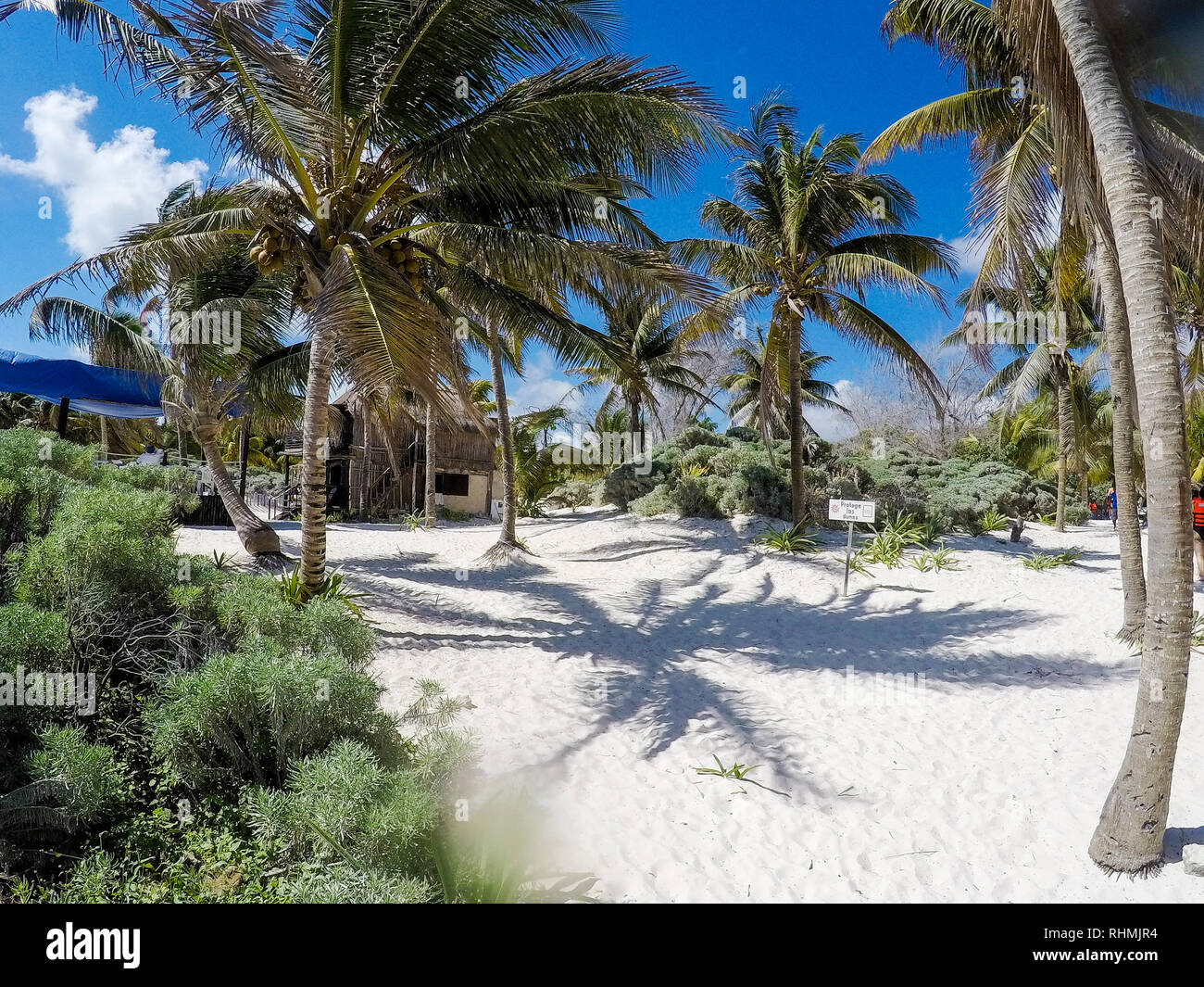 Landscape shot with an action cam on an amazing mexican beach with white fine sand. Stock Photo