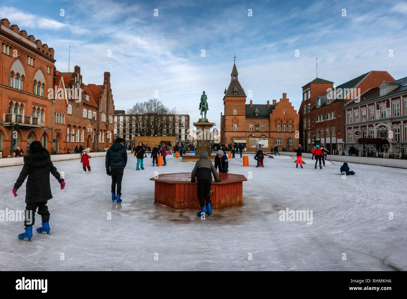 Ice skating in Esbjerg city center when wintertime, Denmark Stock Photo