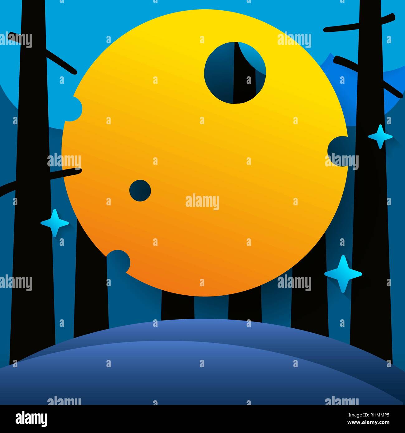 Vector Illustration Of Night Forest With Big Moon And Stars Stock ...