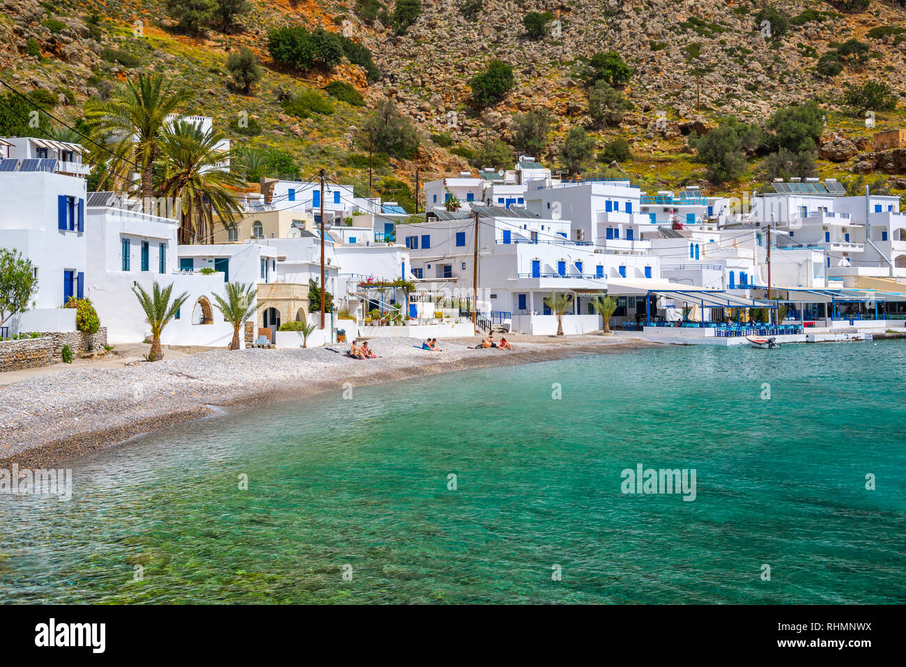 Beach of the scenic village of Loutro  in Crete, Greece Stock Photo