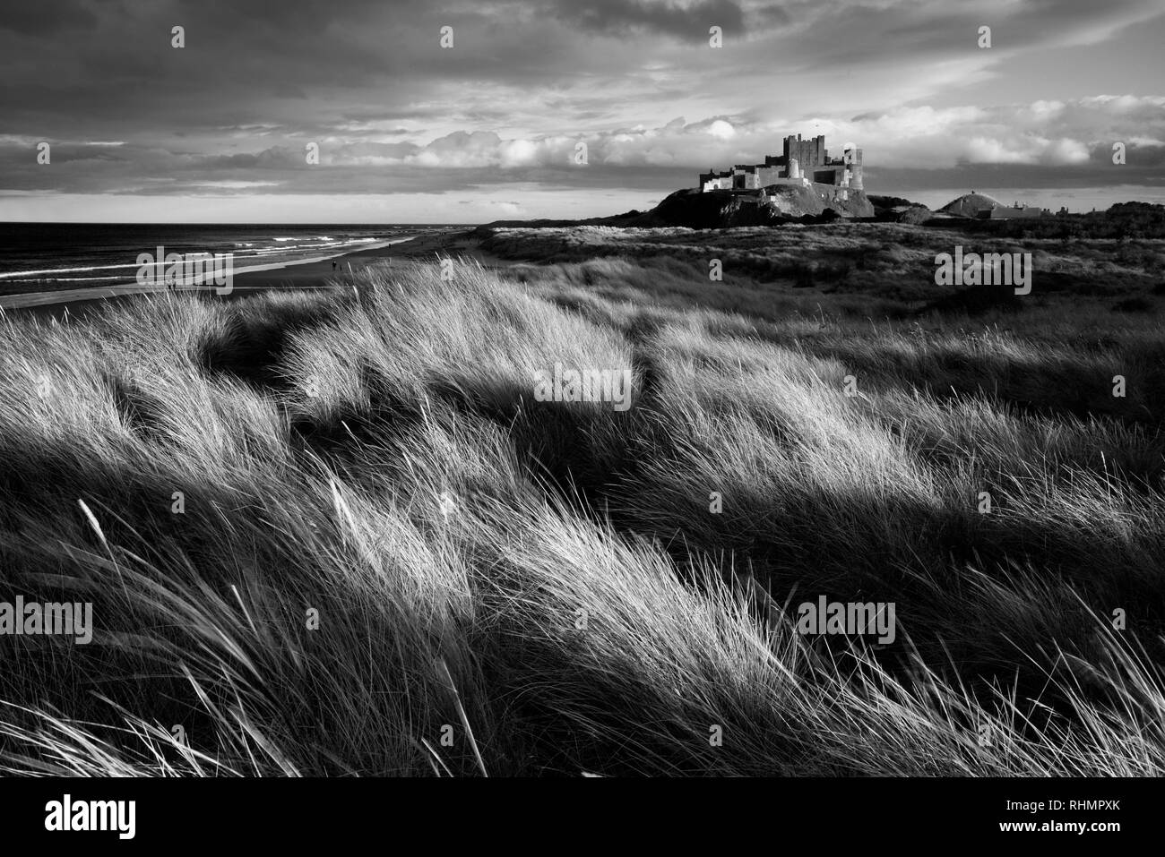 Bamburgh Castle (in Mono) Northumberland, England Stock Photo