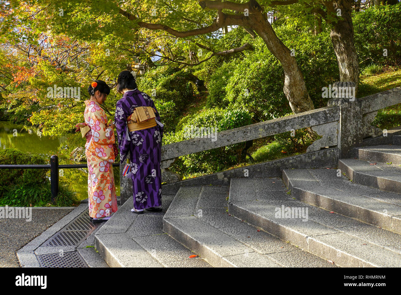 Japanese Women Dressed In Traditional Kimonos At The Kiyomizu Dera Temple Kyoto Japan Stock 