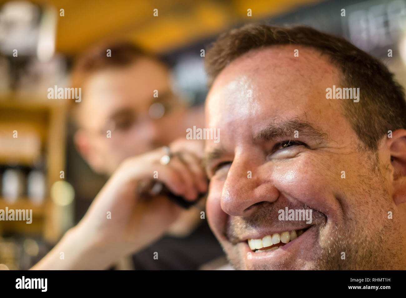 Happy Guy Getting Haircut By Hairdresser Stock Photo 234641837