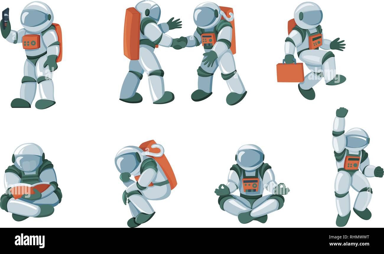 Cartoon Spaceman Cosmonaut Spacesuit Vector Set Isolated On White Background Stock Vector Image Art Alamy