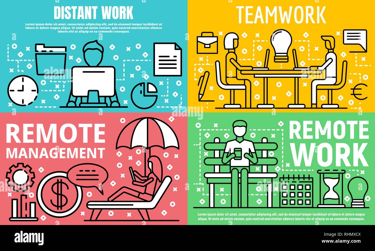 Distant work banner set, outline style Stock Vector