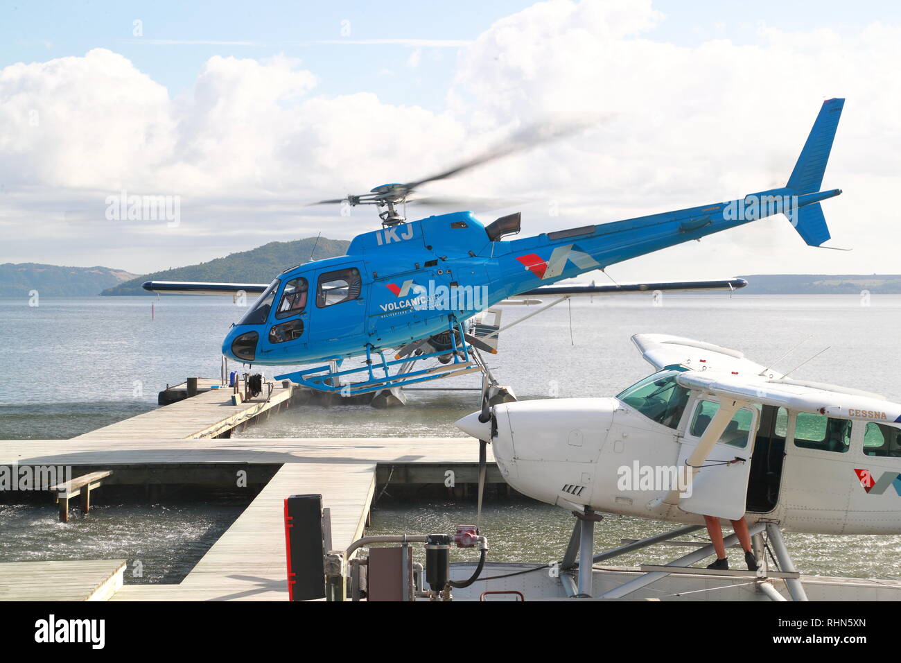 Tourists can visit the volcanic White Island by helicopter from Lake Rotorua, New Zealand Stock Photo