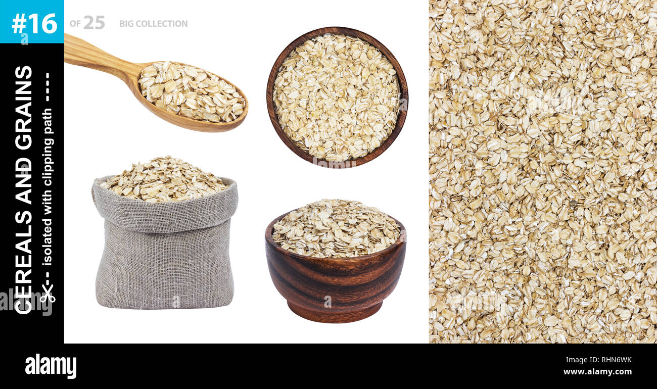 Oat flakes in different dishware isolated on white background, collection Stock Photo