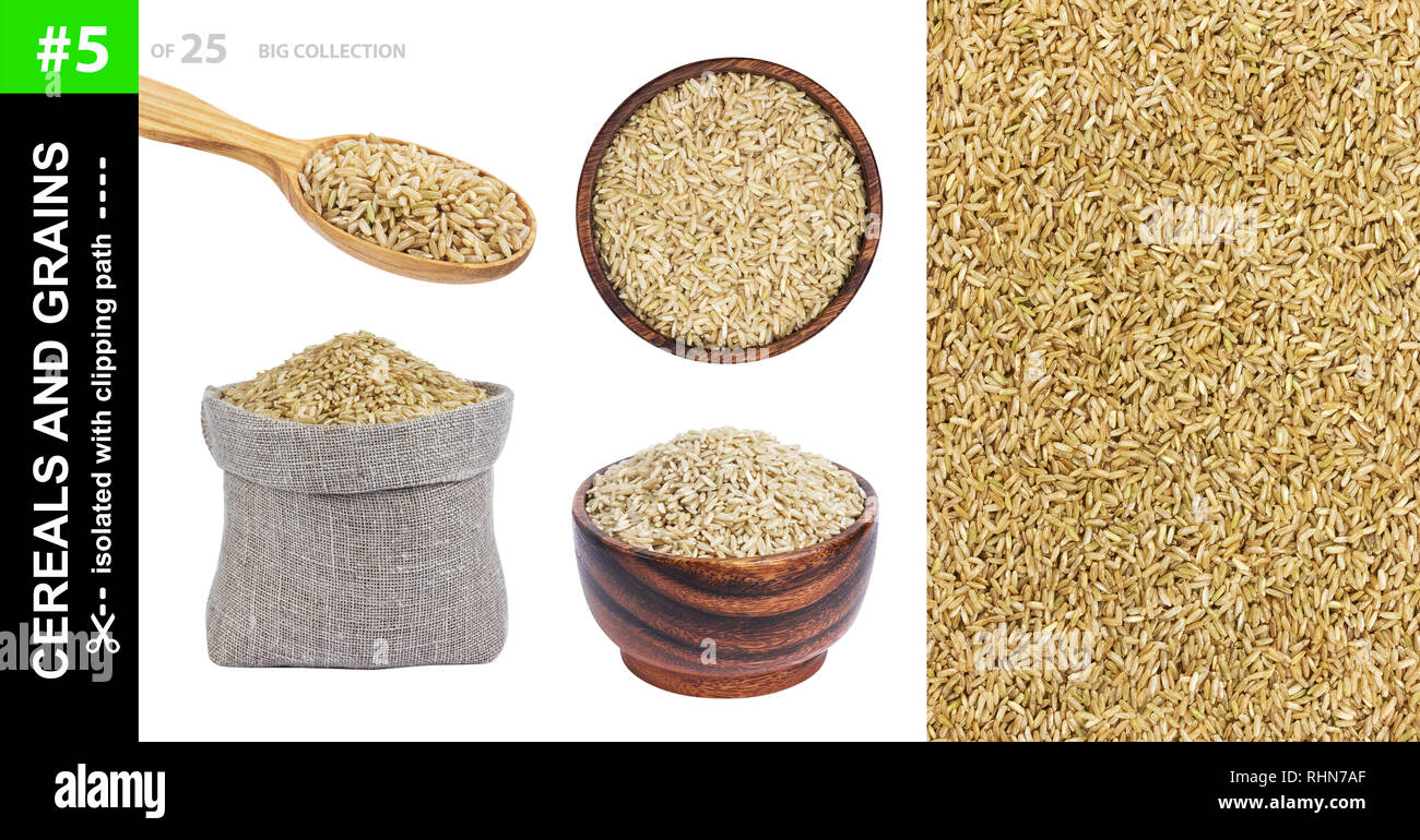 Brown rice in different dishware isolated on white background Stock Photo
