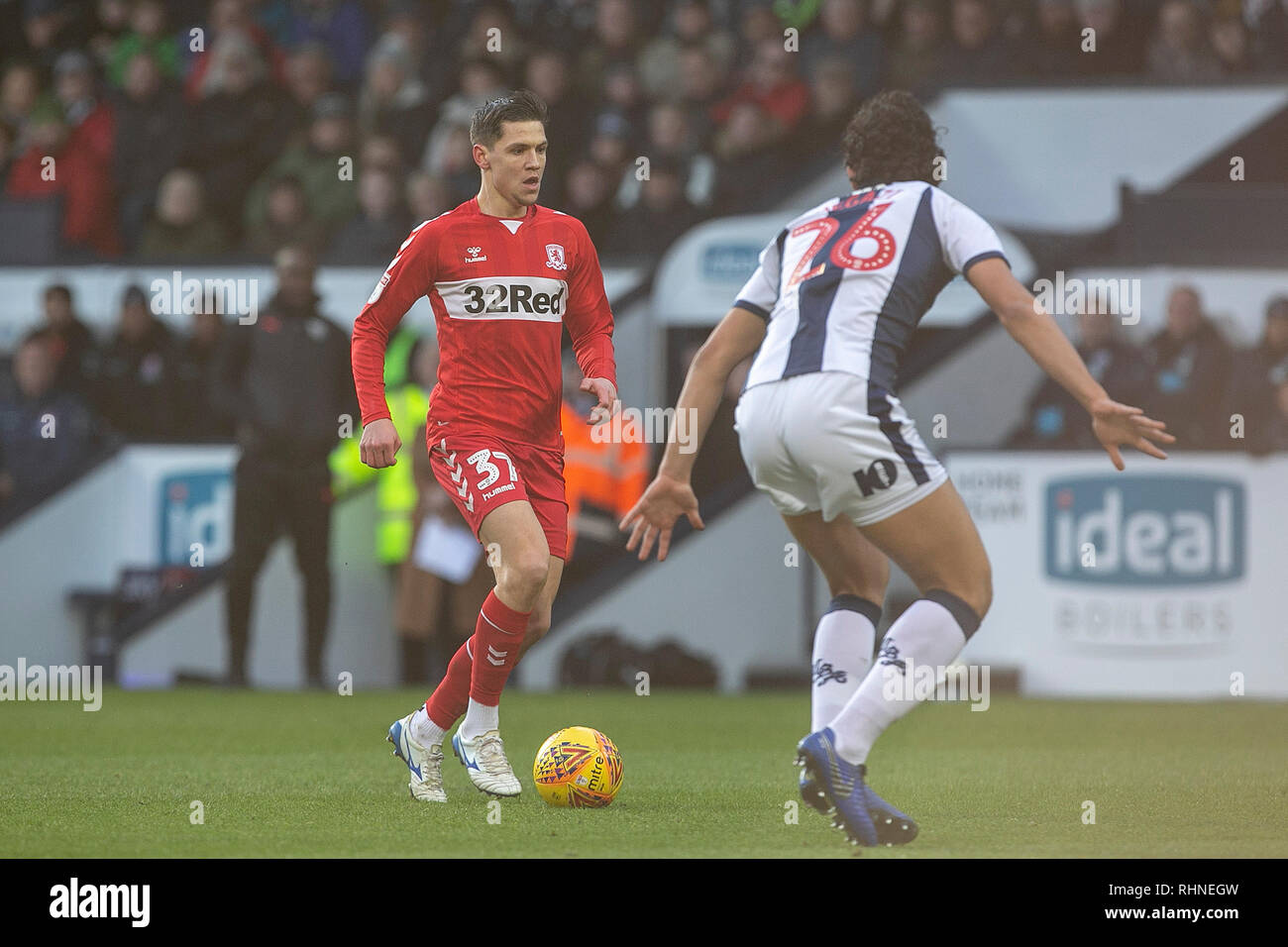West Bromwich, UK. 2 February 2019.  Muhamed Bešic of Middlesbrough and Ahmed Hegazy of West Bromwich Albion during the Sky Bet Championship match between West Bromwich Albion and Middlesbrough at The Hawthorns, West Bromwich on Saturday 2nd February 2019.  (MI News | Alamy) Credit: MI News & Sport /Alamy Live News Stock Photo