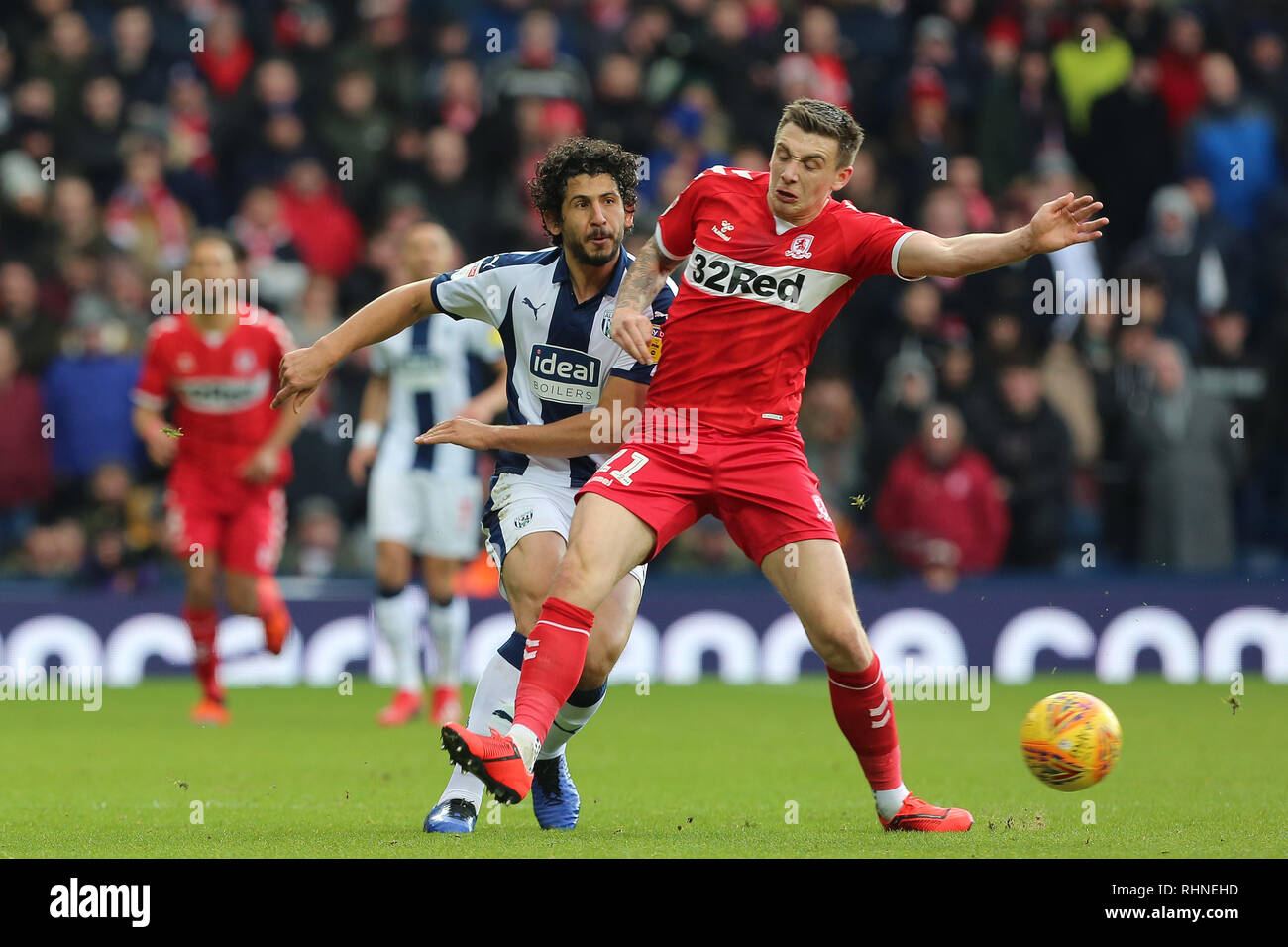 West Bromwich, UK. 2 February 2019.  Jordan Hugill of Middlesbrough and Ahmed Hegazy of West Bromwich Albion during the Sky Bet Championship match between West Bromwich Albion and Middlesbrough at The Hawthorns, West Bromwich on Saturday 2nd February 2019.  (MI News | Alamy) Credit: MI News & Sport /Alamy Live News Stock Photo