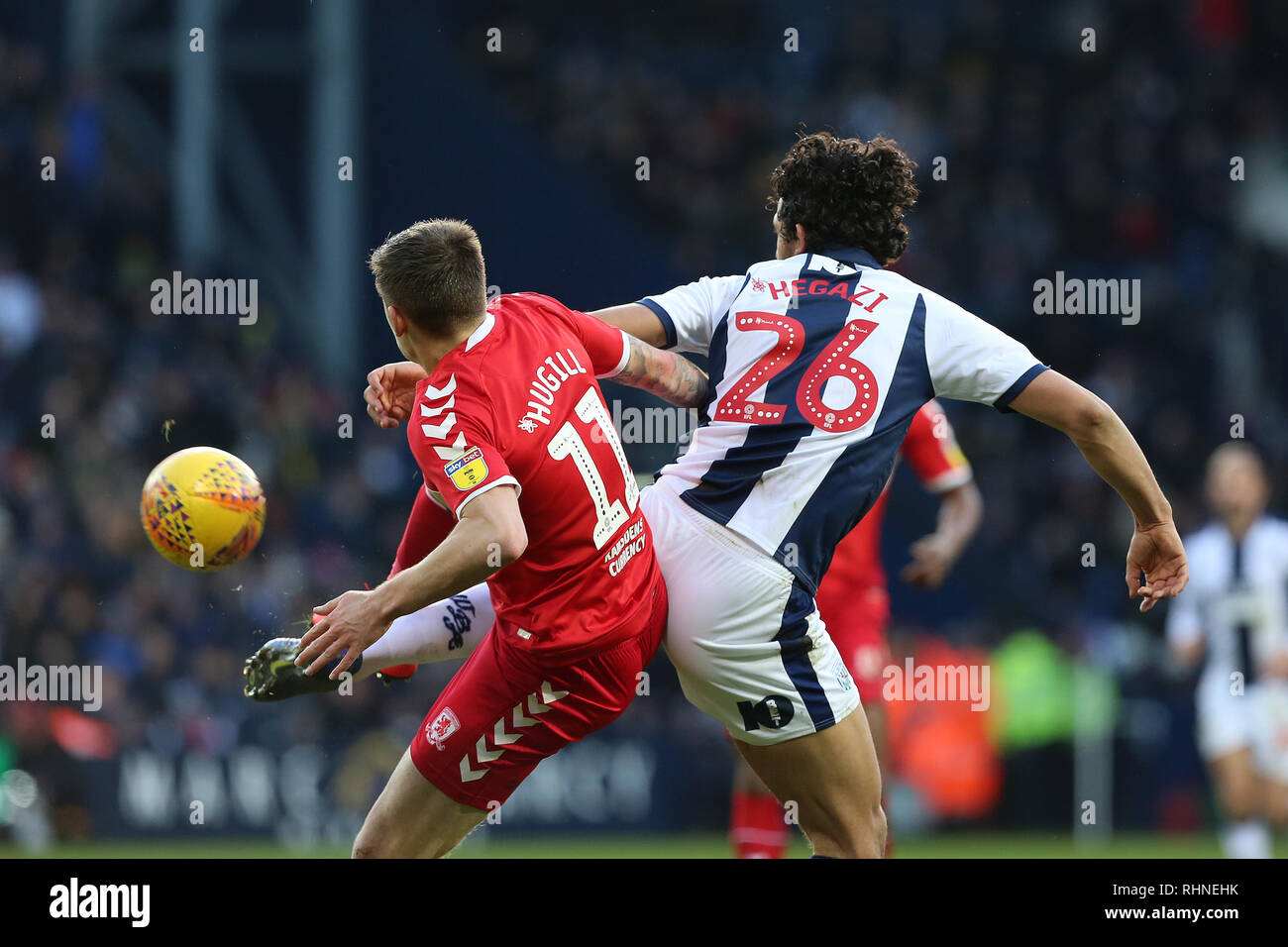 West Bromwich, UK. 2 February 2019.  Ahmed Hegazy of West Bromwich Albion and Jordan Hugillof Middlesbrough during the Sky Bet Championship match between West Bromwich Albion and Middlesbrough at The Hawthorns, West Bromwich on Saturday 2nd February 2019.  (MI News | Alamy) Credit: MI News & Sport /Alamy Live News Stock Photo