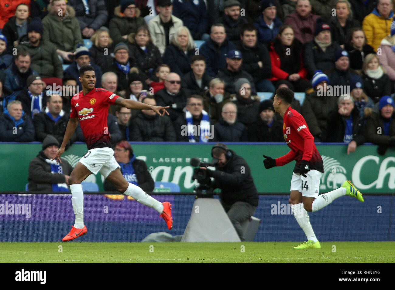 Leicester Uk 03rd Feb 2019 Marcus Rashford Of Manchester United L Celebrates After Scoring His Team S
