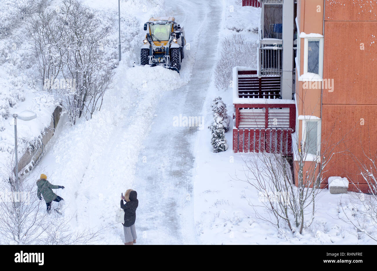 Stockholm, Sweden. 3 February 2019. Plowing beeing done after heavy snowing in northern Stockholm, Sweden Credit: Jari Juntunen/Alamy Live News Stock Photo