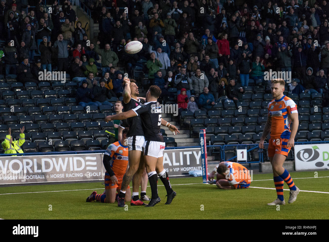 Anthony Gelling Celebrates his 2nd try of the afternoon. Widnes Vikings vs Halifax RLFC 3rd February 2019 Stock Photo