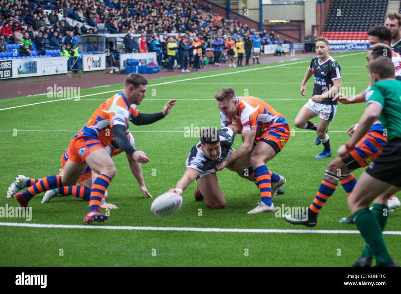 Anthony Gelling scores his first try of the afternoon. Widnes Vikings vs Halifax RLFC 3rd February 2019 Stock Photo