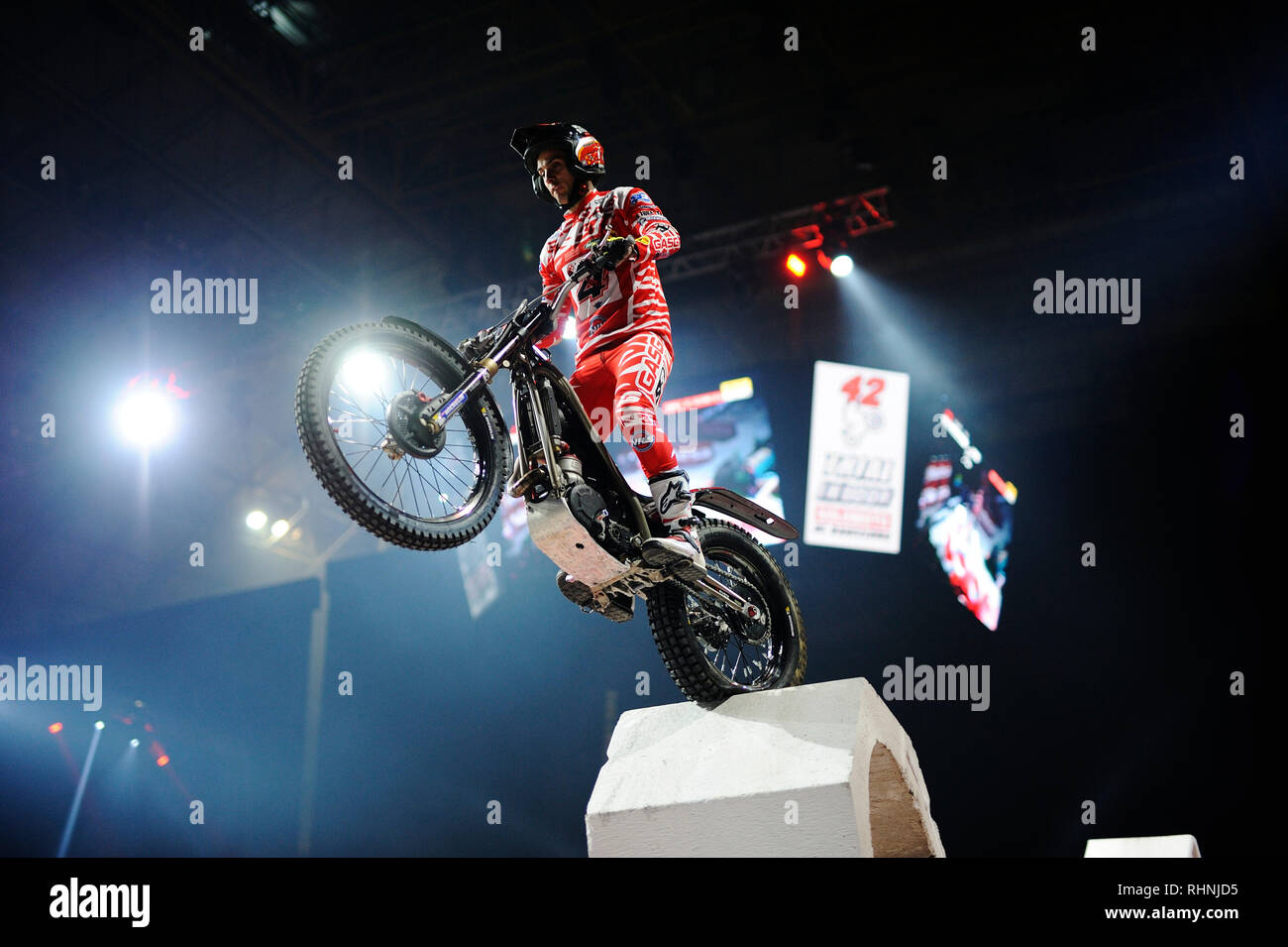 Palau Sant Jordi, Barcelona, Spain. 3rd Feb, 2019. FIM X Trial World Championships; Jeroni Fajardo of the Gas Gas Team greets the fans during the Trial Barcelona Credit: Action Plus Sports/Alamy Live News Stock Photo