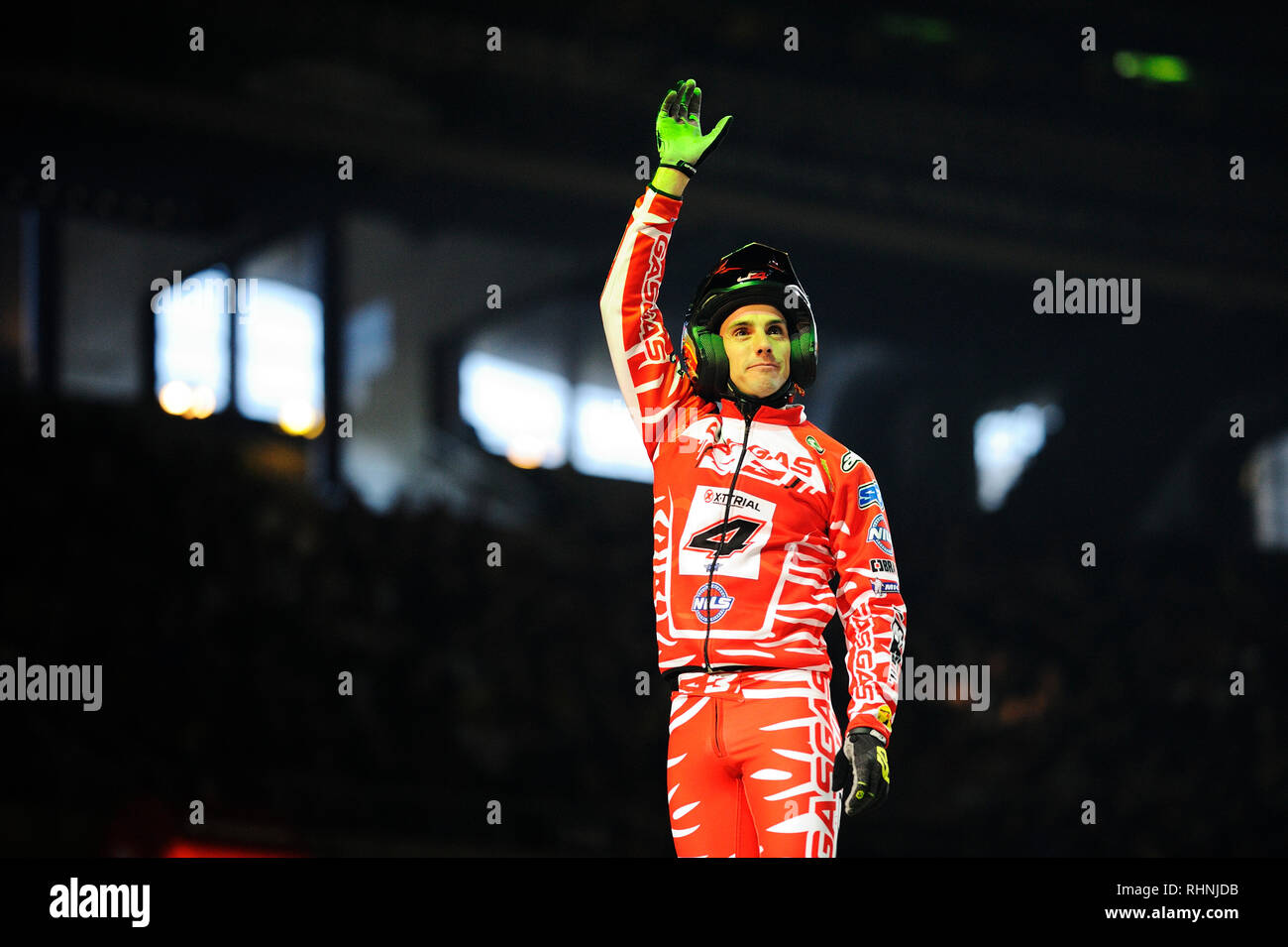Palau Sant Jordi, Barcelona, Spain. 3rd Feb, 2019. FIM X Trial World Championships; Jeroni Fajardo of the Gas Gas Team salutes the fans after the Trial Barcelona Credit: Action Plus Sports/Alamy Live News Stock Photo
