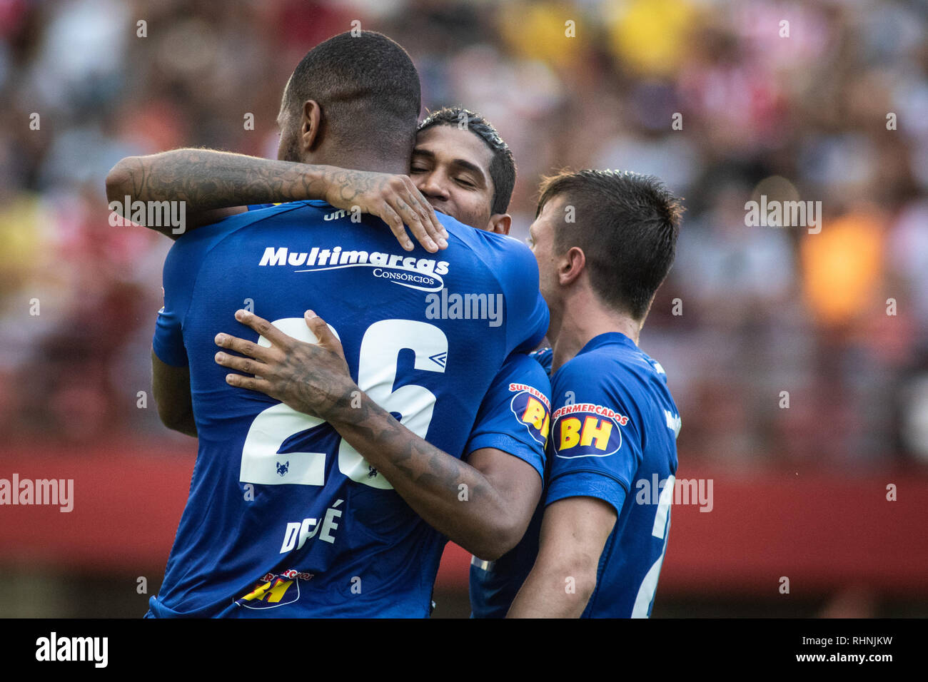 Nova Lima, Brazil. 03rd Feb, 2019. Cruzeiro player celebrates his goal with  the player during a match against Villa Nova at the Castor Cifuentes  Stadium for the state championship 2019. Photo: Marcelo