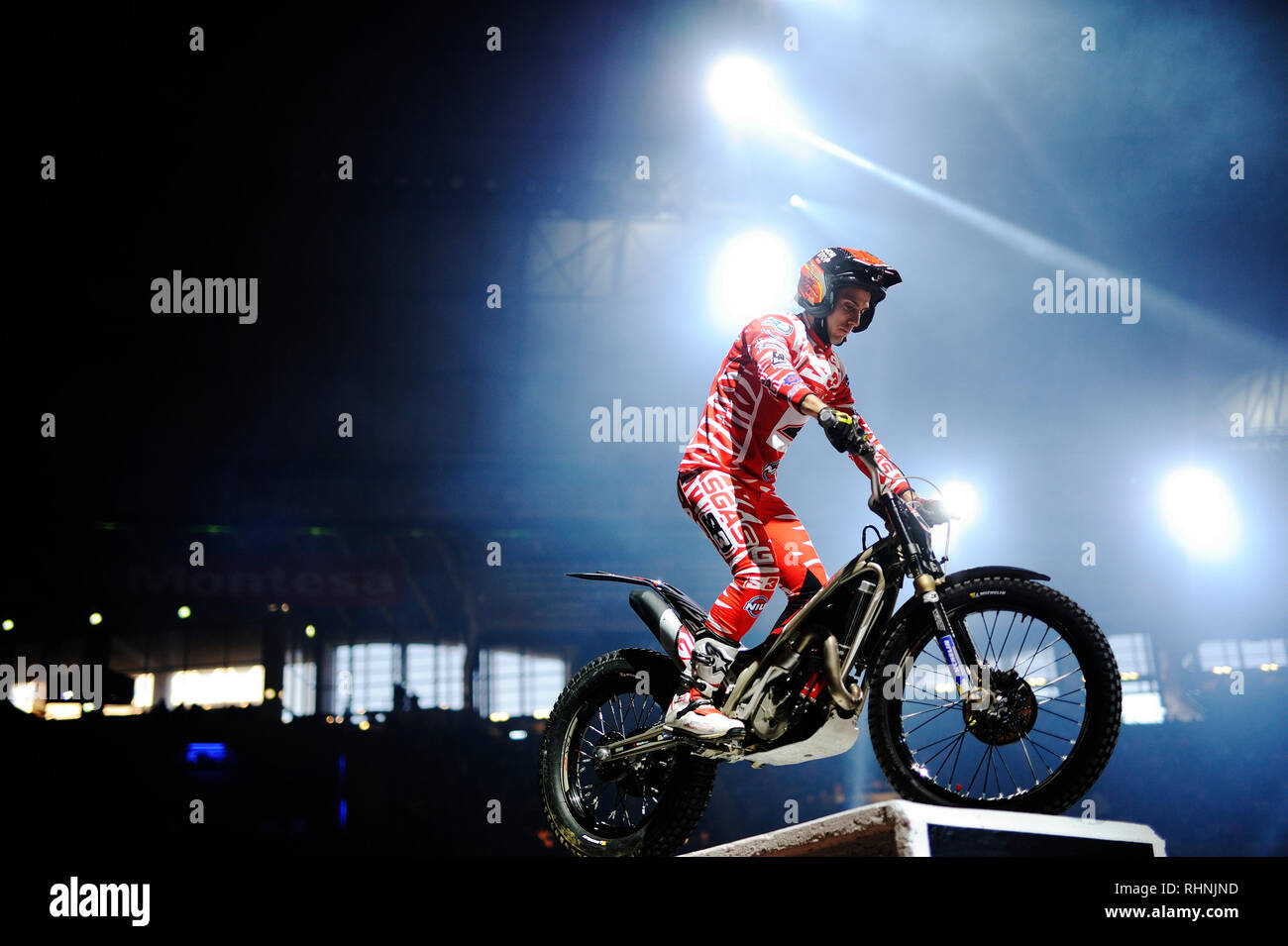 Barcelona, Spain 3rd February, 2019.  Jeroni Fajardo of the Gas Gas Team in action during the Barcelona Solo Moto Trial indoor at the Palau Sant Jordi. Credit: Pablo Guillen/Alamy Live News Stock Photo