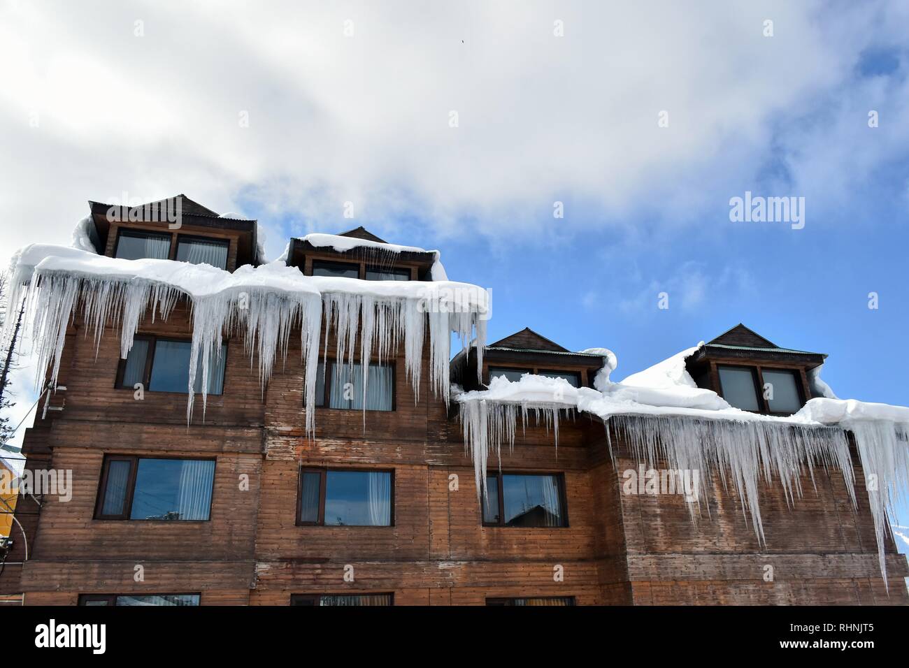 February 3, 2019 - Gulmarg, J&K, India - Icicles seen hanging from a roof  top of the hotel at a famous ski resort in Gulmarg, about 55kms from  Srinagar, Indian administered Kashmir.