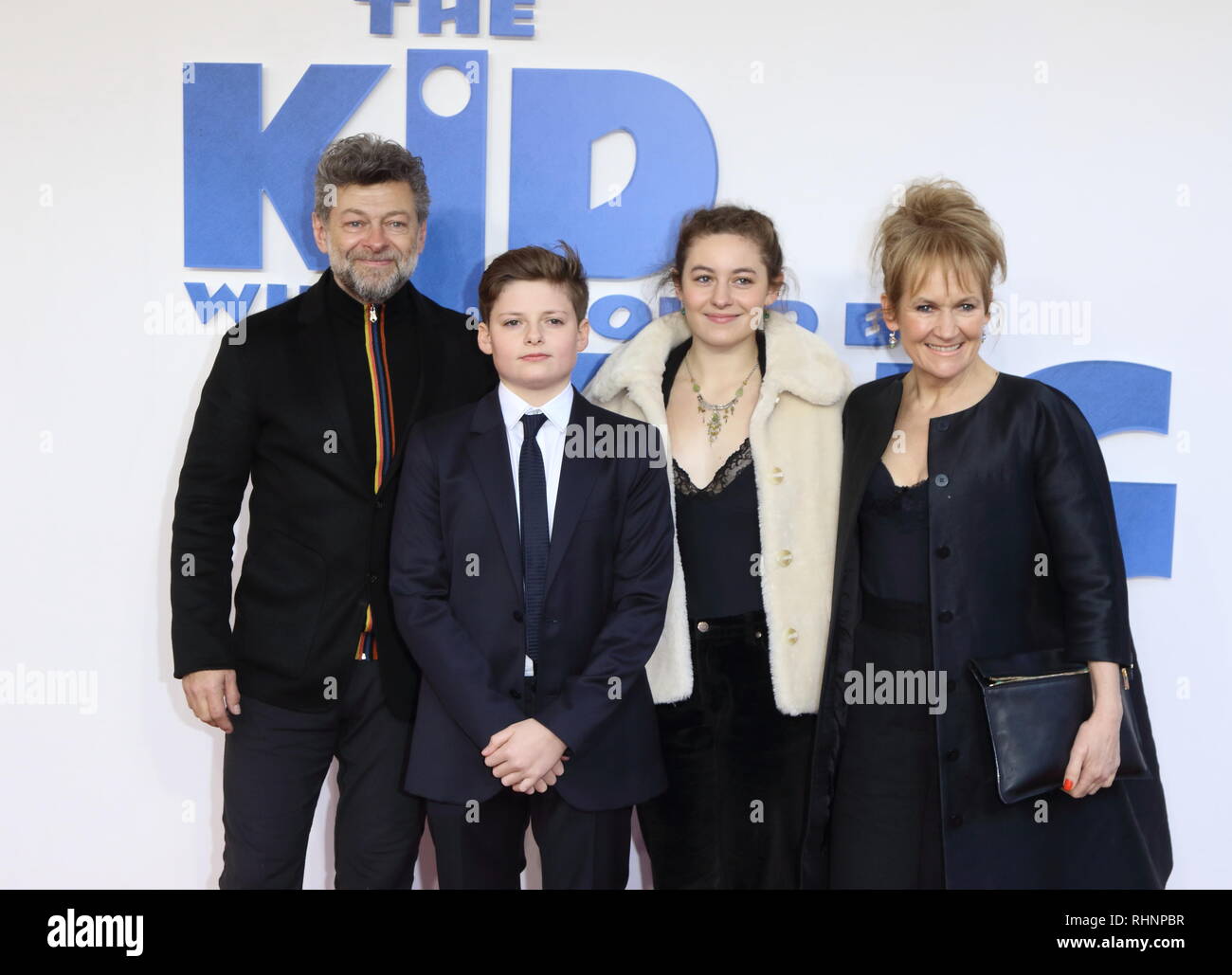 Andy Serkis, Louis Ashbourne Serkis, Ruby Serkis and Lorraine Ashbourne seen at The Kid Who Would Be King Gala screening at the Odeon Luxe Leicester Square. Stock Photo