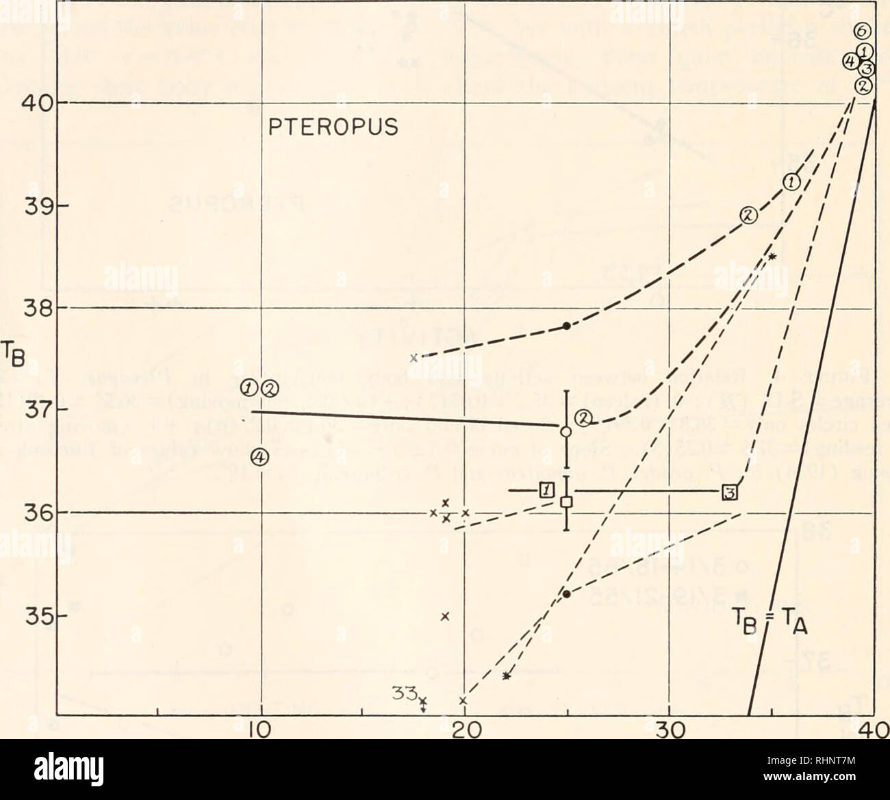 . The Biological bulletin. Biology; Zoology; Biology; Marine Biology. 490 P. MORRISON shows a value 40 minutes after stopping activity which has returned to the level of quiet, awake animals. These changes in body temperature may be used to estimate heat production during warming. Thus, a maximum increase of 1.03°/min. (11.5-^23.8° in 12 minutes) was observed in one individual. This is equivalent to 0.85 cal. g.-1min.~1 or an oxygen consumption of 10.7 cc. g.~1hrr1 (other cases (24.6^32.2° in 10. FIGURE 6. Body temperature in Pteropus after exposure at various ambient temperatures. Values indi Stock Photo