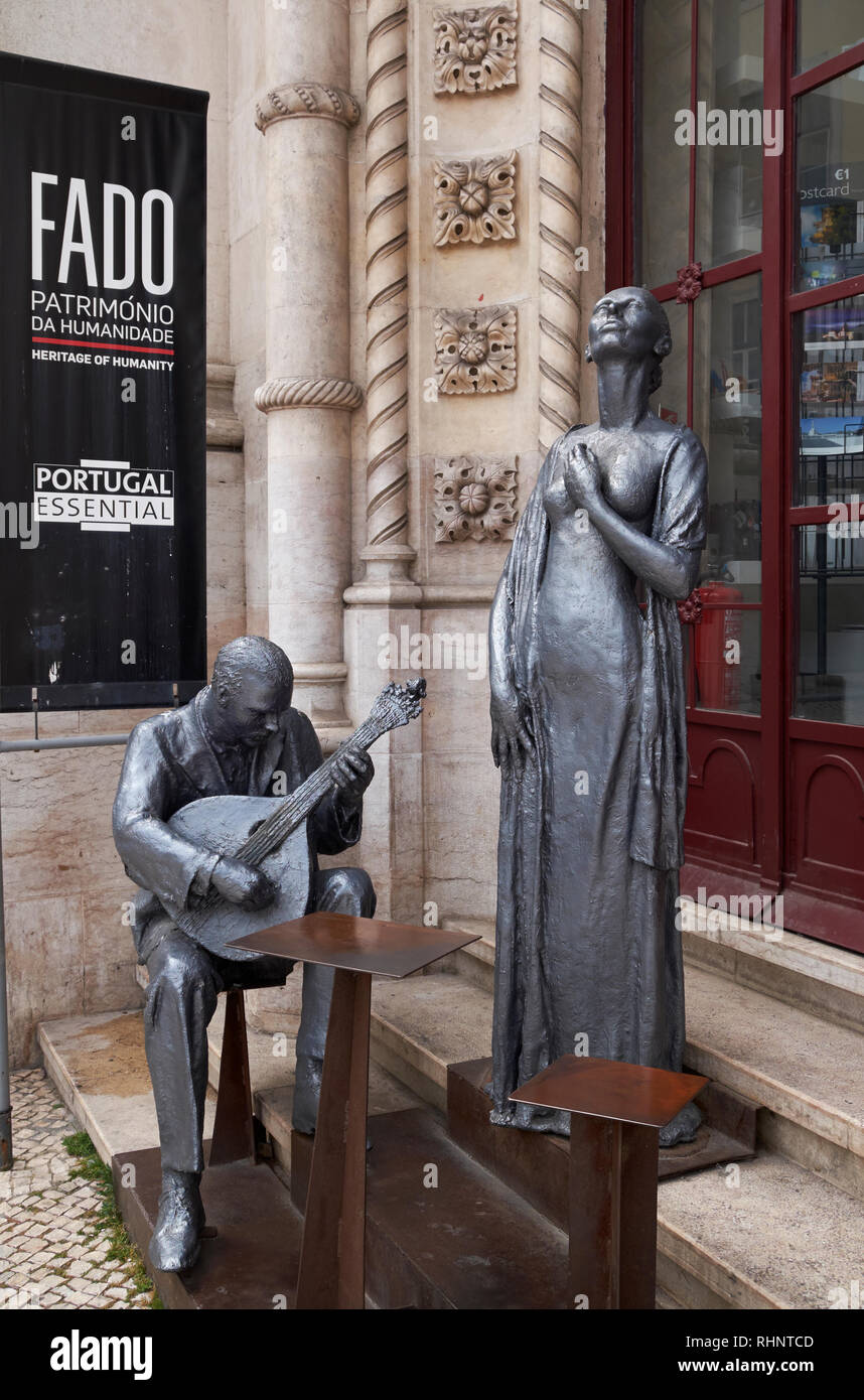 Statues of Fado musicians outside Rossio Station, Rossio Square, Lisbon, Portugal. Stock Photo