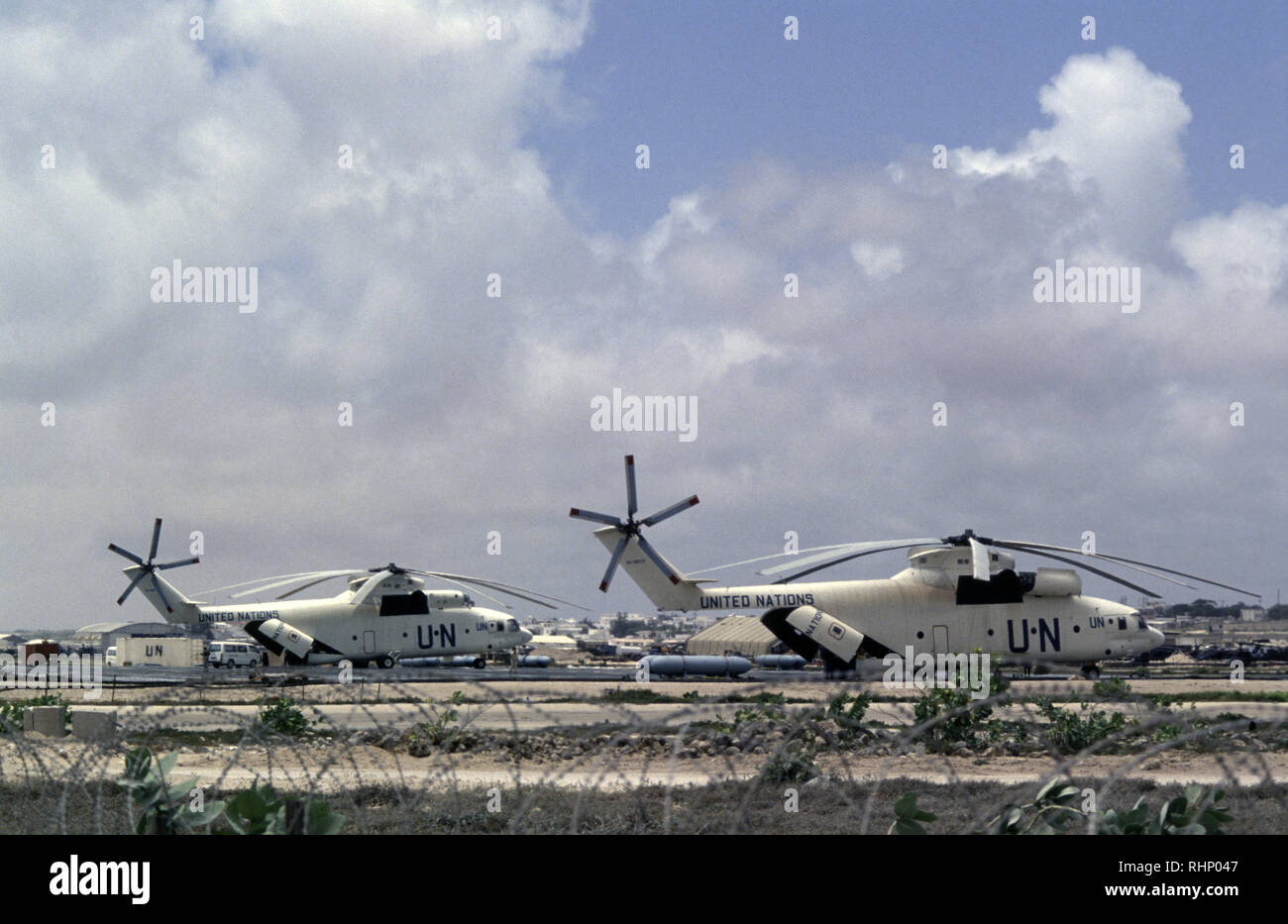 16th October 1993 Huge United Nations Russian-built Mil Mi-26T Halo helicopters parked at the northern (civilian) end of Mogadishu Airport, Somalia. Stock Photo